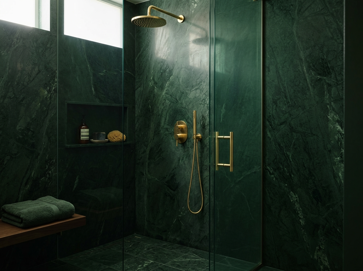 A luxurious green marble walk-in shower with brass fixtures, a built-in shelf with toiletries, two windows, and a wooden bench with green towels.