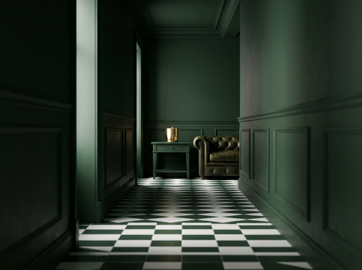 Elegant green hallway with checkered black and white floor, leading to a sitting area with a dark green armchair and a side table holding a gold decorative item.