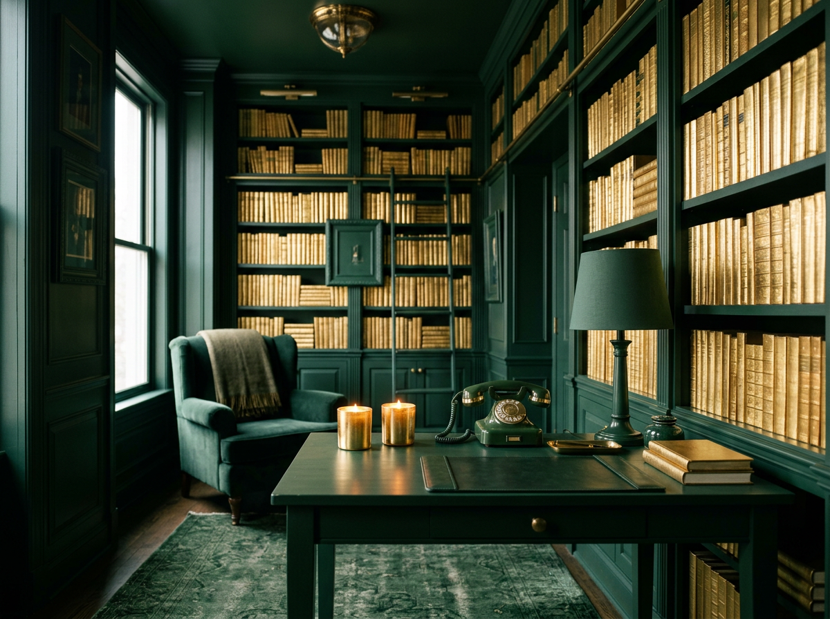 A vintage office with dark green walls and large bookshelves filled with gold-covered books. An armchair with a throw blanket, a desk with a rotary phone, candles, a table lamp, and some books.