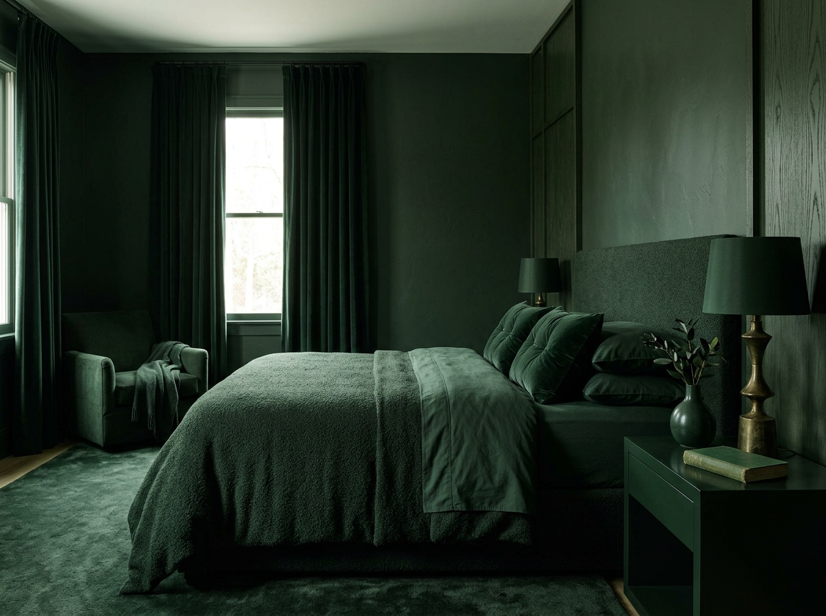 A dark green bedroom with matching curtains, bed, and armchair. The bed has multiple pillows and a nightstand with a vase, lamp, and book. There is a window behind the curtains and a rug on the floor.