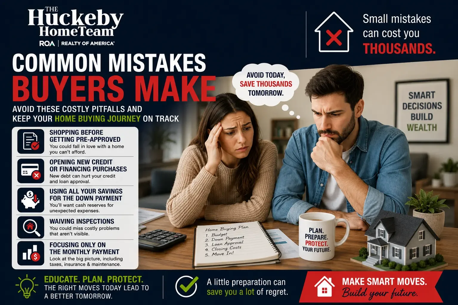 First-time homebuyers reviewing finances and home purchase plans while learning common mistakes to avoid when buying a house in Oklahoma City, including financing purchases, waiving inspections, and overspending on a down payment.