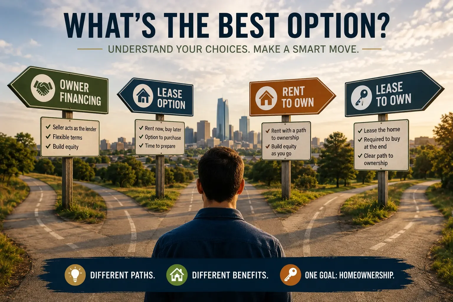 Home buyer comparing owner financing, lease option, rent to own, and lease to own paths in Oklahoma City, standing at a crossroads with road signs representing different alternative home financing options and routes to homeownership.