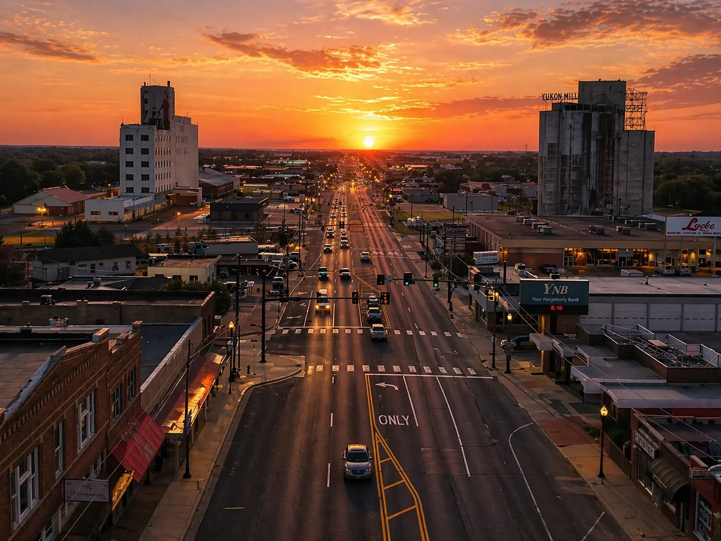 Sunset view looking down Main Street in downtown Yukon, Oklahoma, with the historic Yukon Mill silos in the distance, glowing orange skies, light traffic, local storefronts, and the YNB bank sign along the roadway.