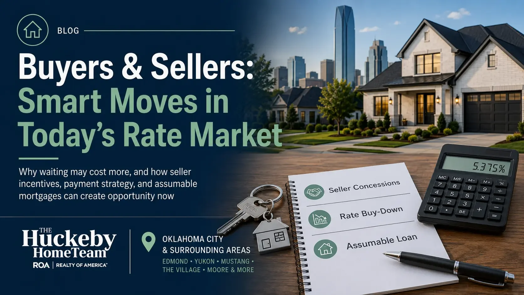 Oklahoma City real estate graphic showing seller concessions, mortgage rate buy-downs, and assumable loan strategies for home buyers and sellers in today’s interest rate market.