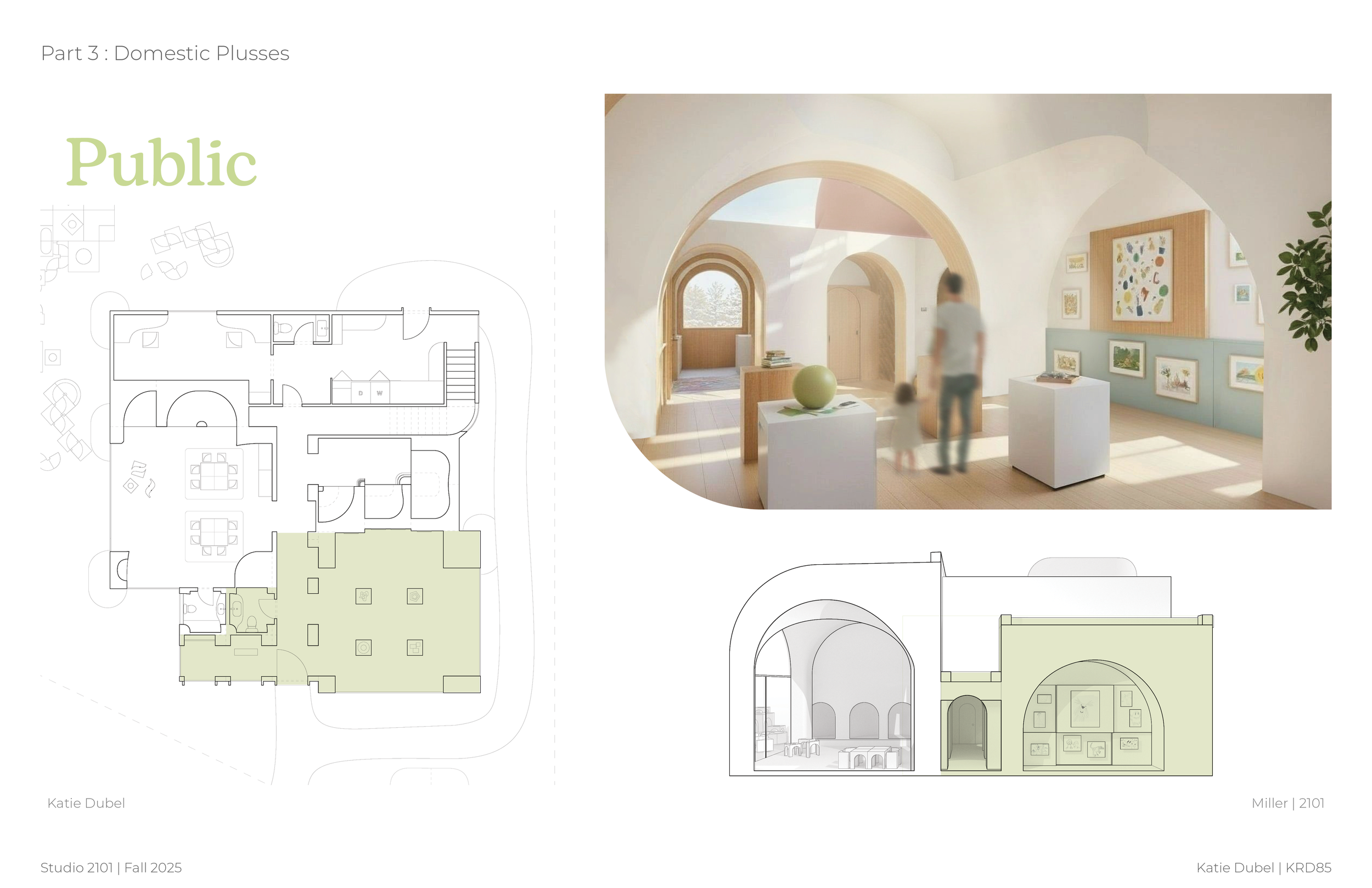 Interior view of a designed art gallery with white walls, arched doorways, wooden accents, and artwork displayed on the walls. Two people, an adult and a child, are walking inside.