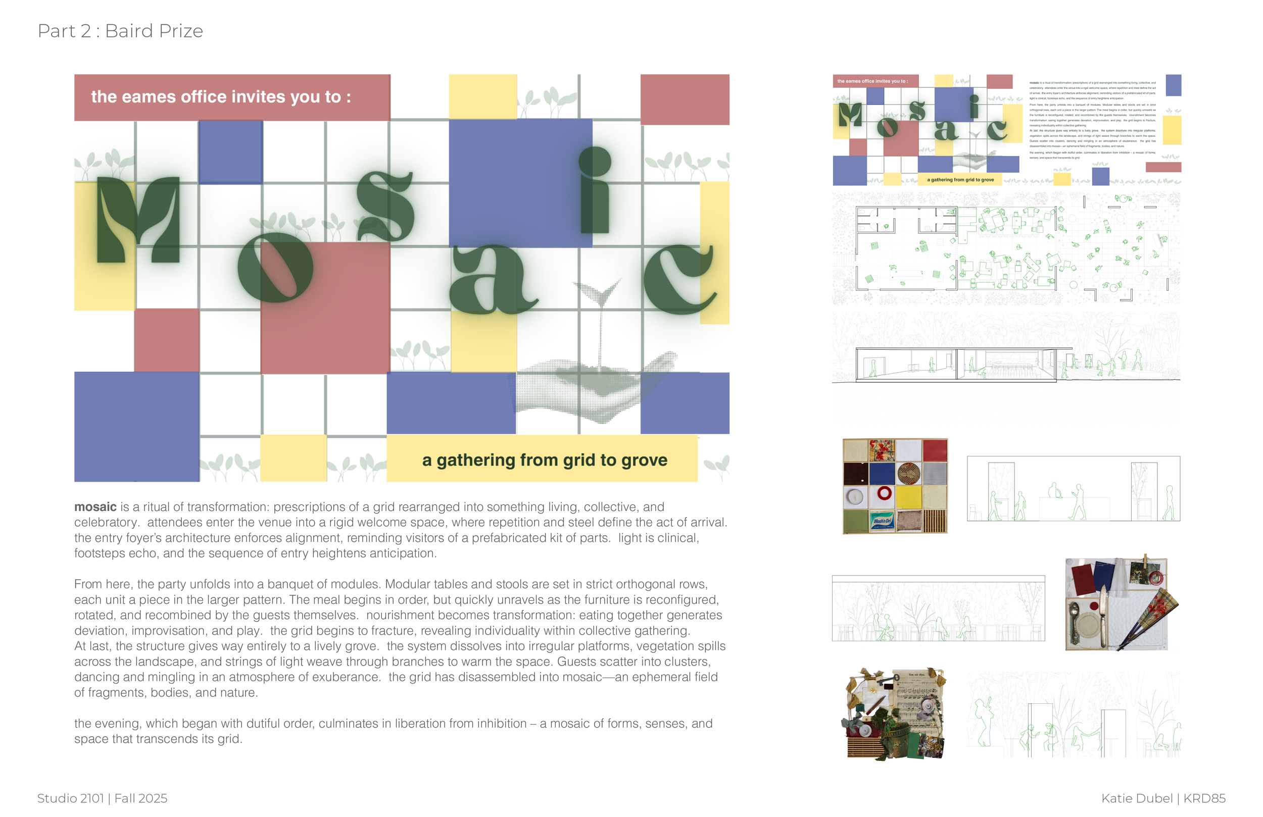 A digital poster for 'mosaic,' an art installation or event at the eames office, featuring colorful square graphics, green text, and architectural sketches. It includes descriptions of the theme of a gathering from grid to grove, with images of tiles