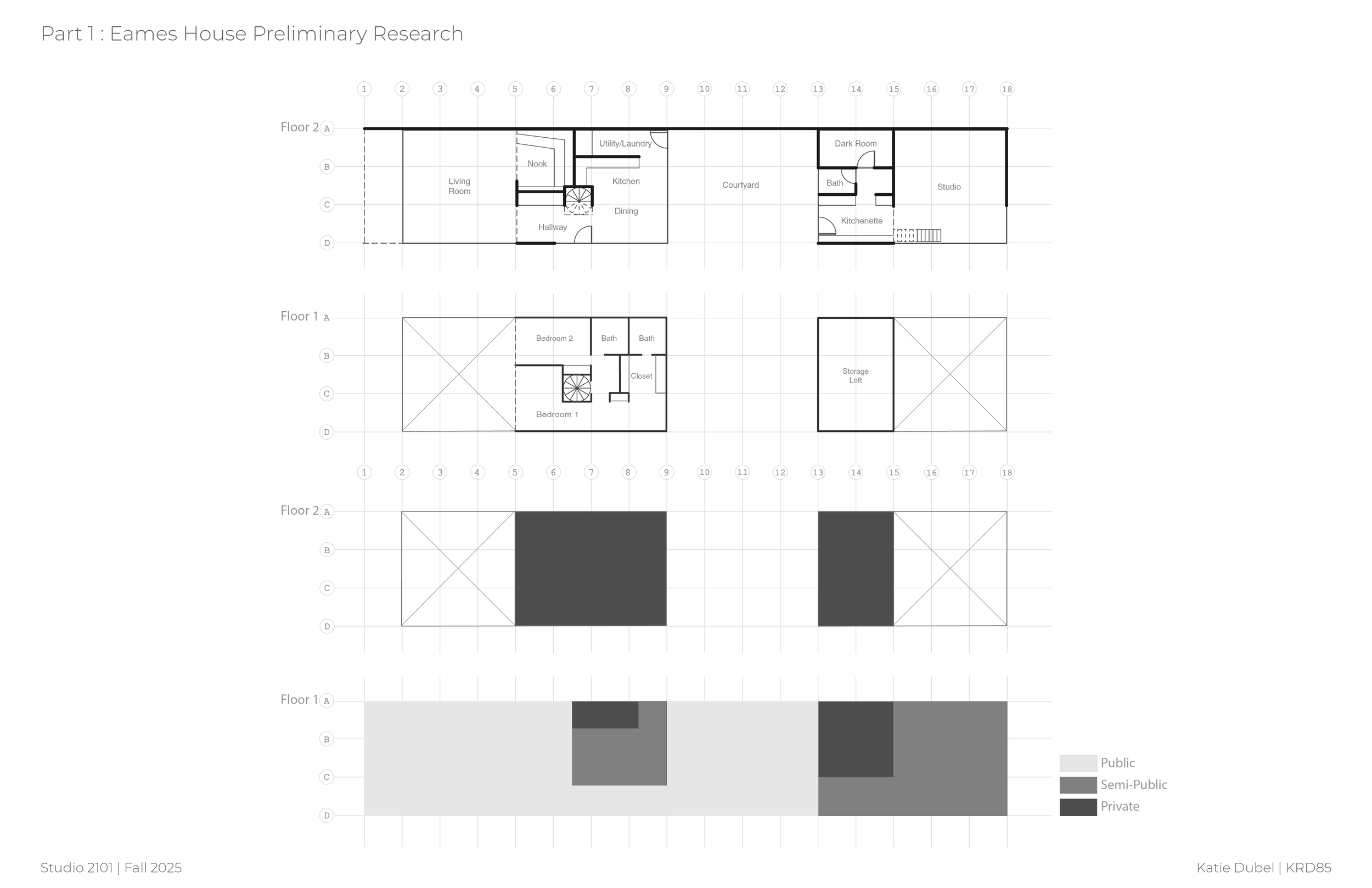 Floor plan of a building labeled 'Part 1: Eames House Preliminary Research,' showing layout for two floors with rooms marked for living, dining, kitchen, bedrooms, bathrooms, storage, studio, and courtyards. Includes color-coded chart indicating spac