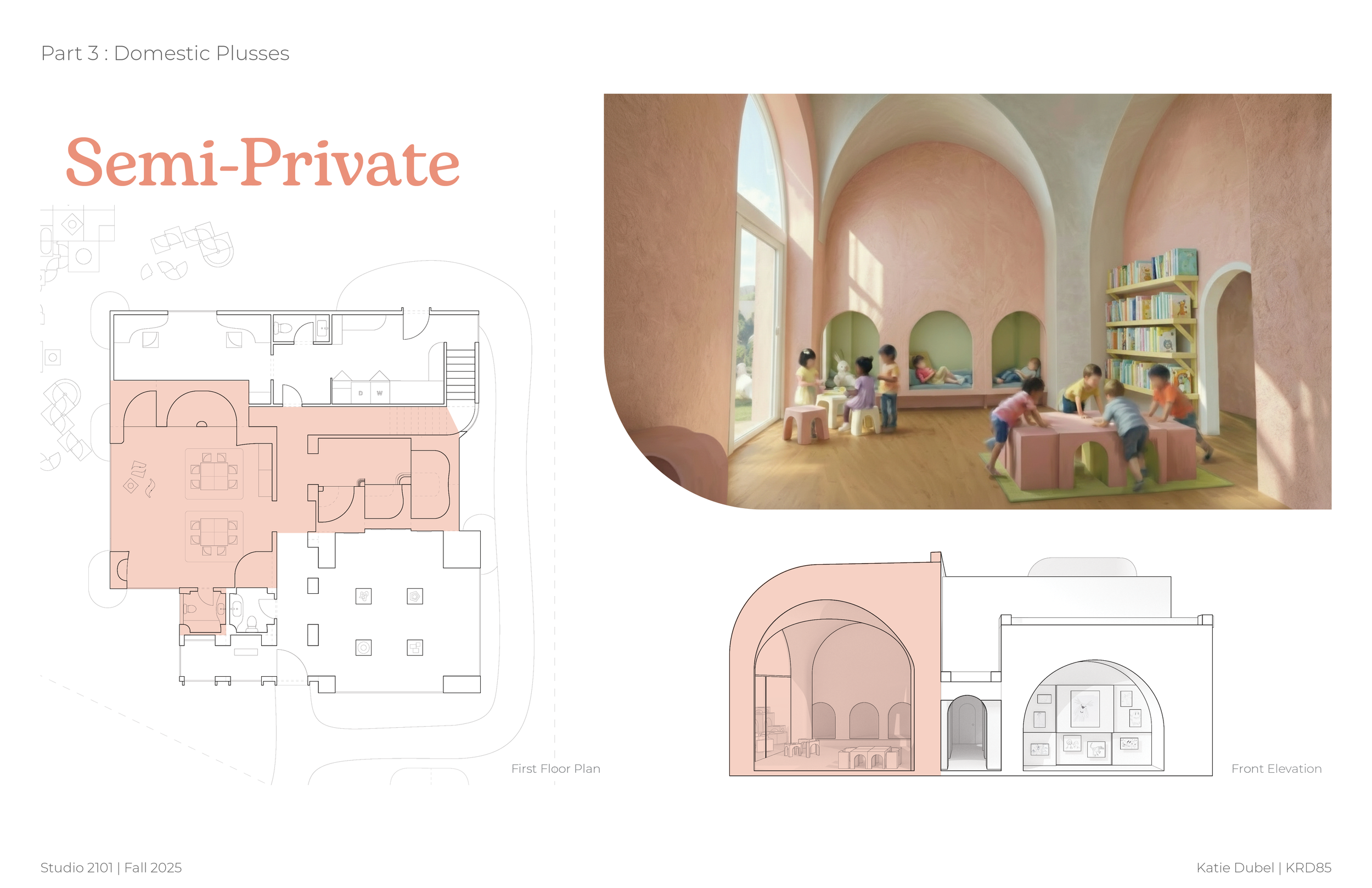 Design plan for a semi-private domestic space with a render of a pink interior room featuring kids playing and reading, and architectural elevations.