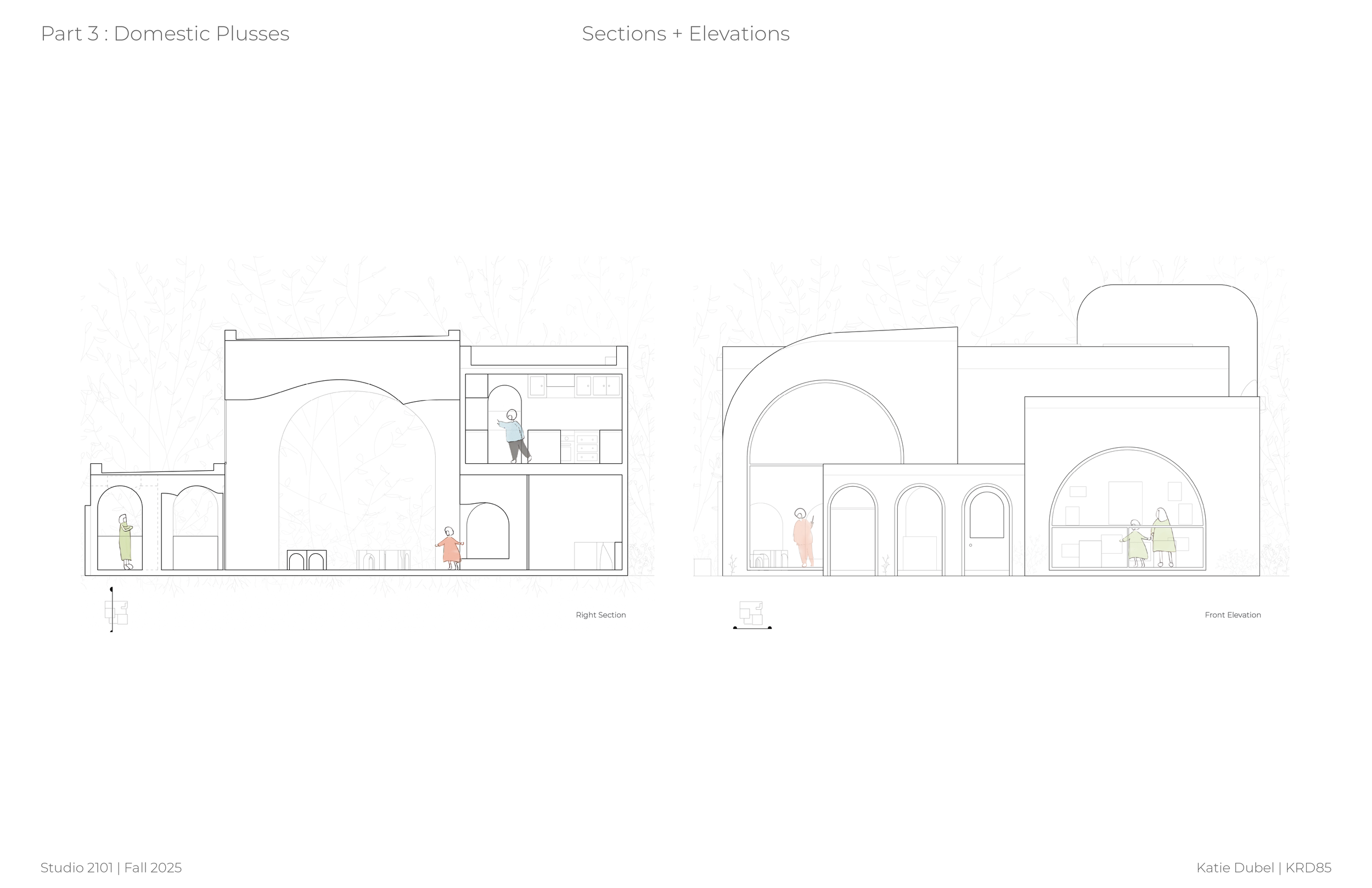 Architectural drawing showing a building with sections and elevations. The drawing includes interior spaces with people engaging in activities at different levels, such as reading and sitting. The background features faint tree outlines.