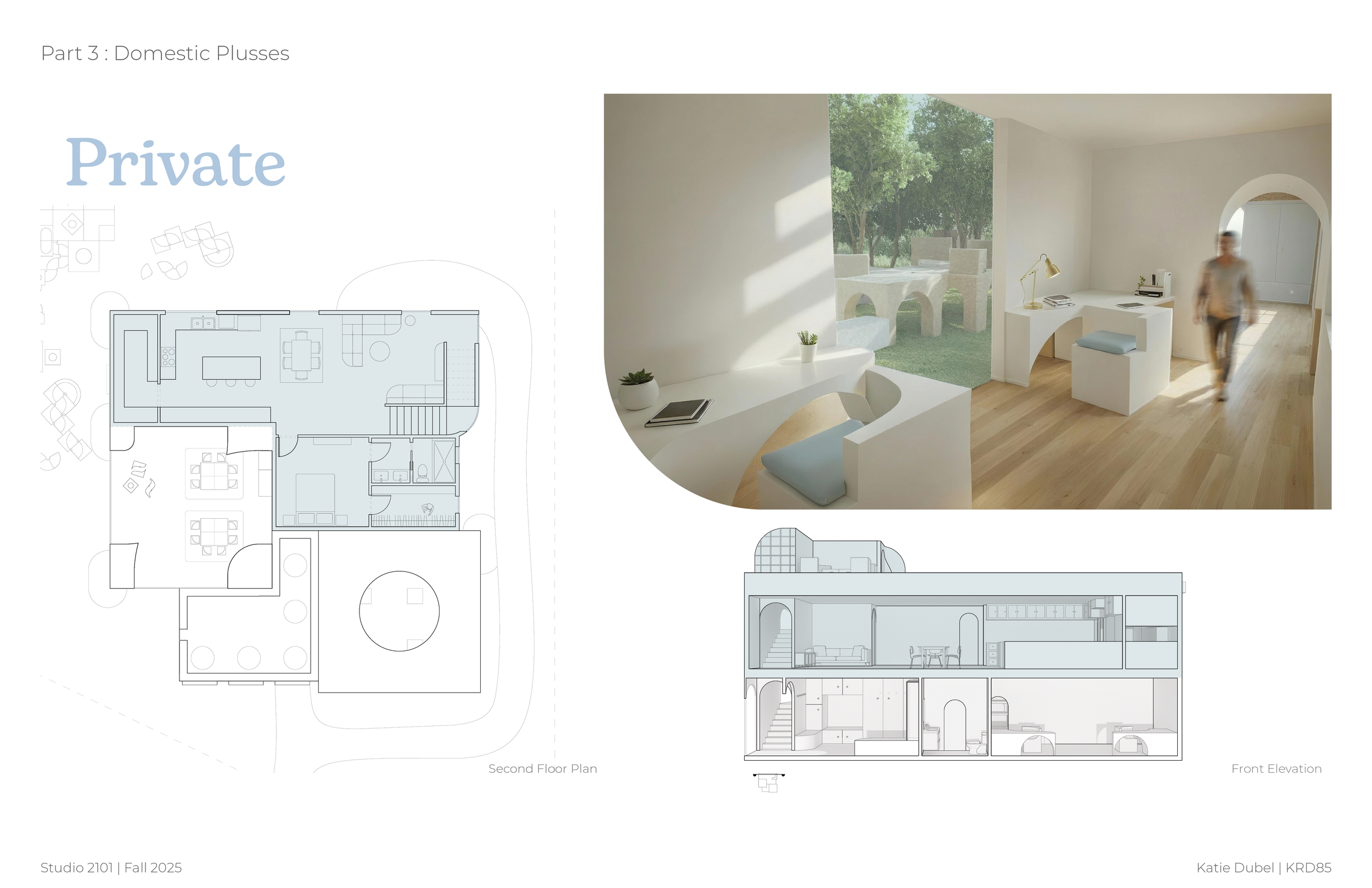 Interior view of a bright, minimalist room with white walls, wooden flooring, and built-in seating by large windows showing an outdoor garden.