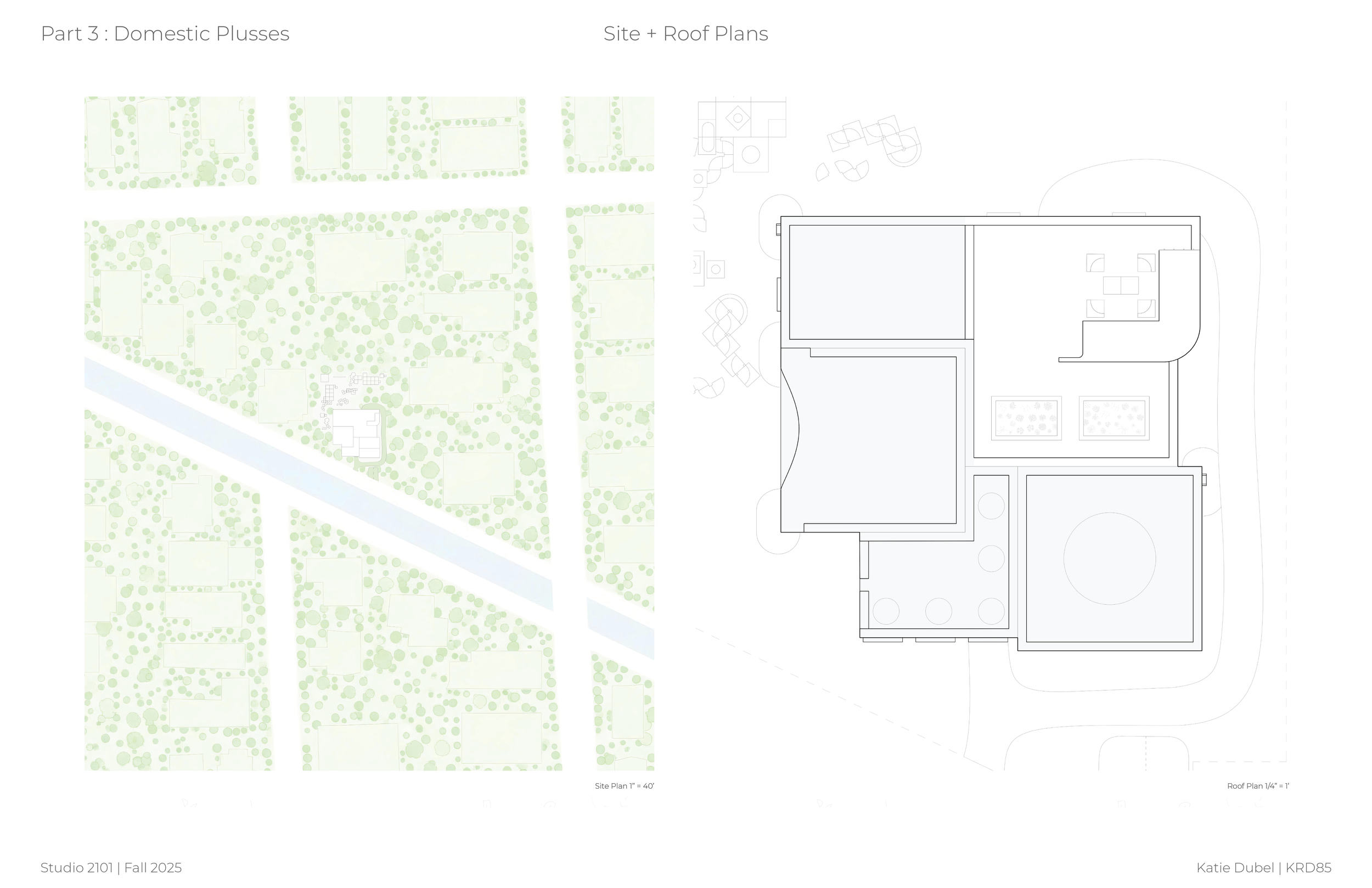 Site and roof plans of a residential property showing surrounding landscape, trees, pathways, and a water feature, with detailed layout of the house including outdoor areas and garden beds.