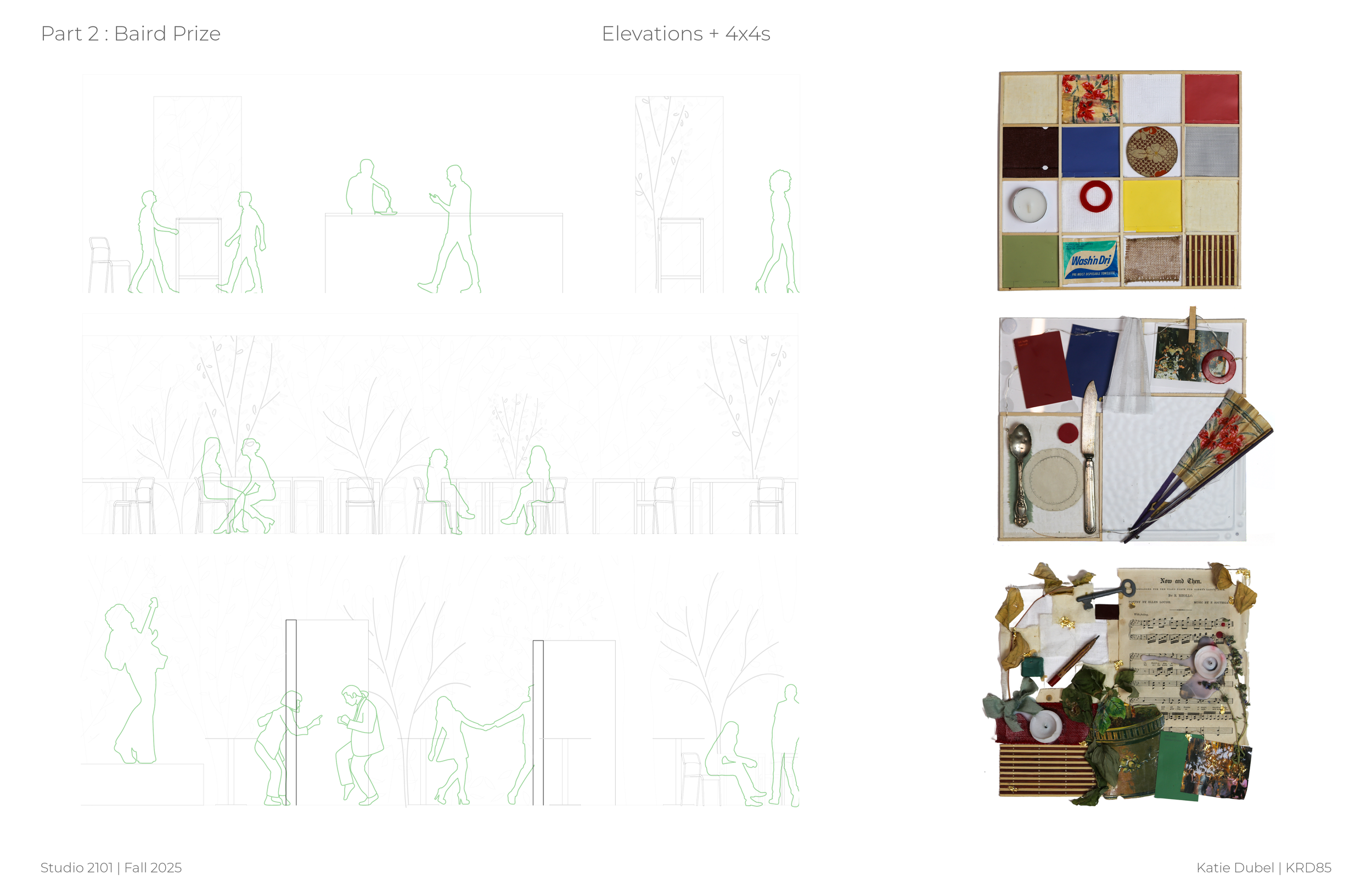 Three sets of line drawings depicting people in a park or outdoor space, with trees in the background, alongside three photographs of different organized objects or scenes. The first photograph shows a box of small, colorful items, possibly buttons o