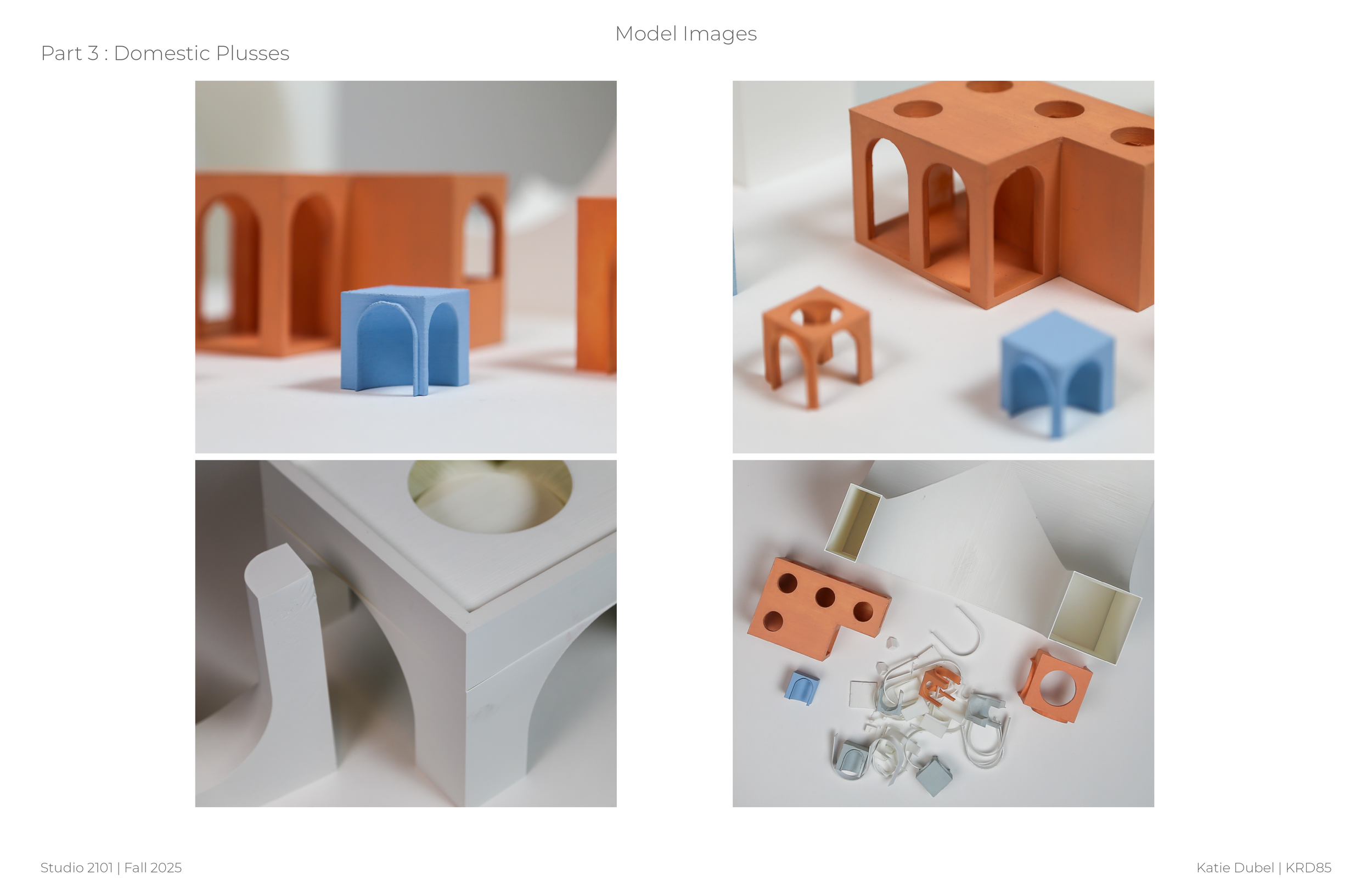 Arrangement of colorful concrete building models, including arches and domes, on a white background.