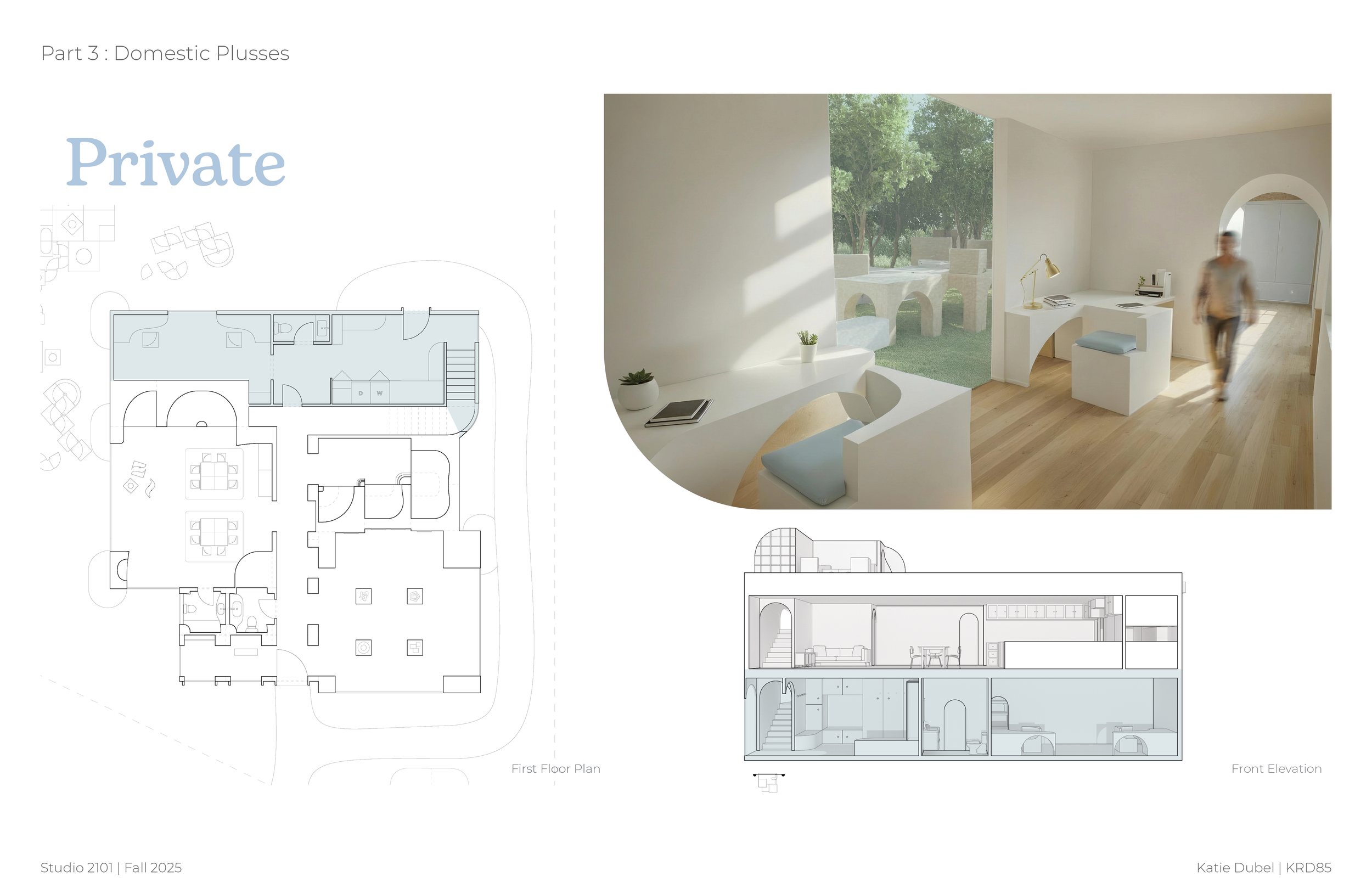 Interior view of a minimalist home office with built-in white seating, a desk with a gold lamp, and a person walking through a bright space with large window and wooden flooring.