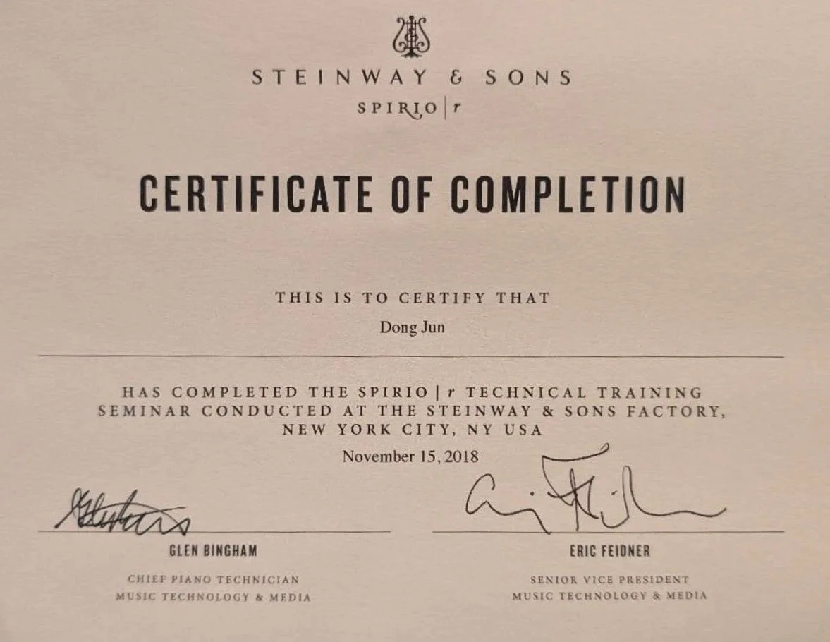 Certificate of completion awarded to Don for a Spirio|r technical training seminar at Steinway & Sons factory in New York City, dated November 15, 2018.