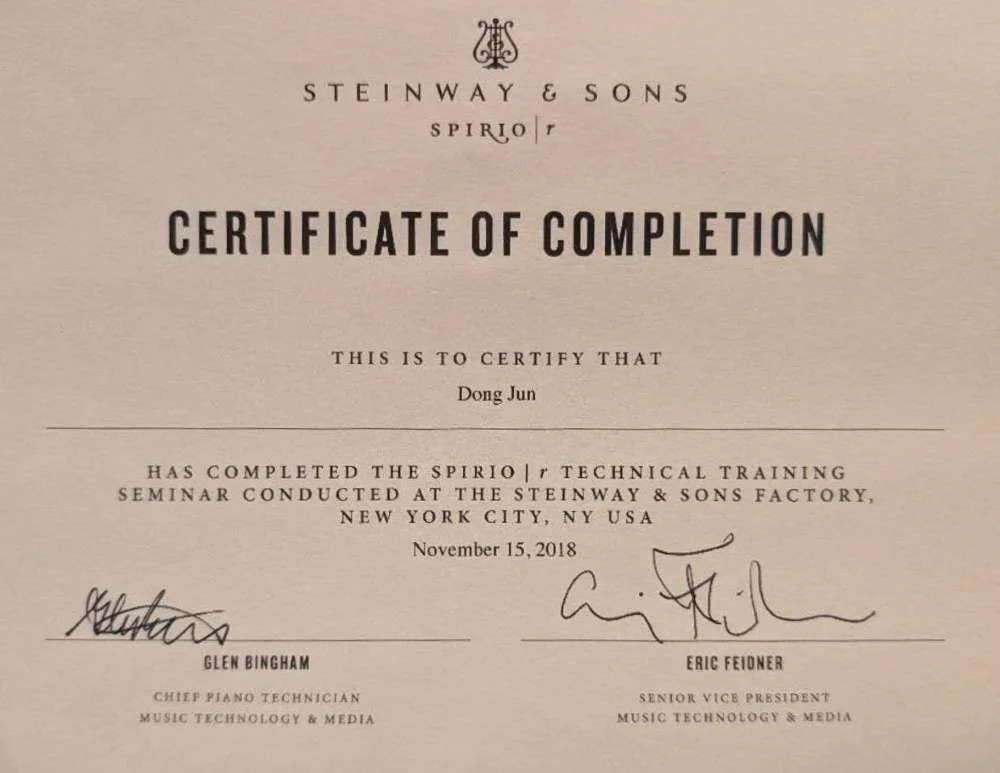 Steinway & Sons Factory Trained Piano Technician Certificate - Don's Piano Service