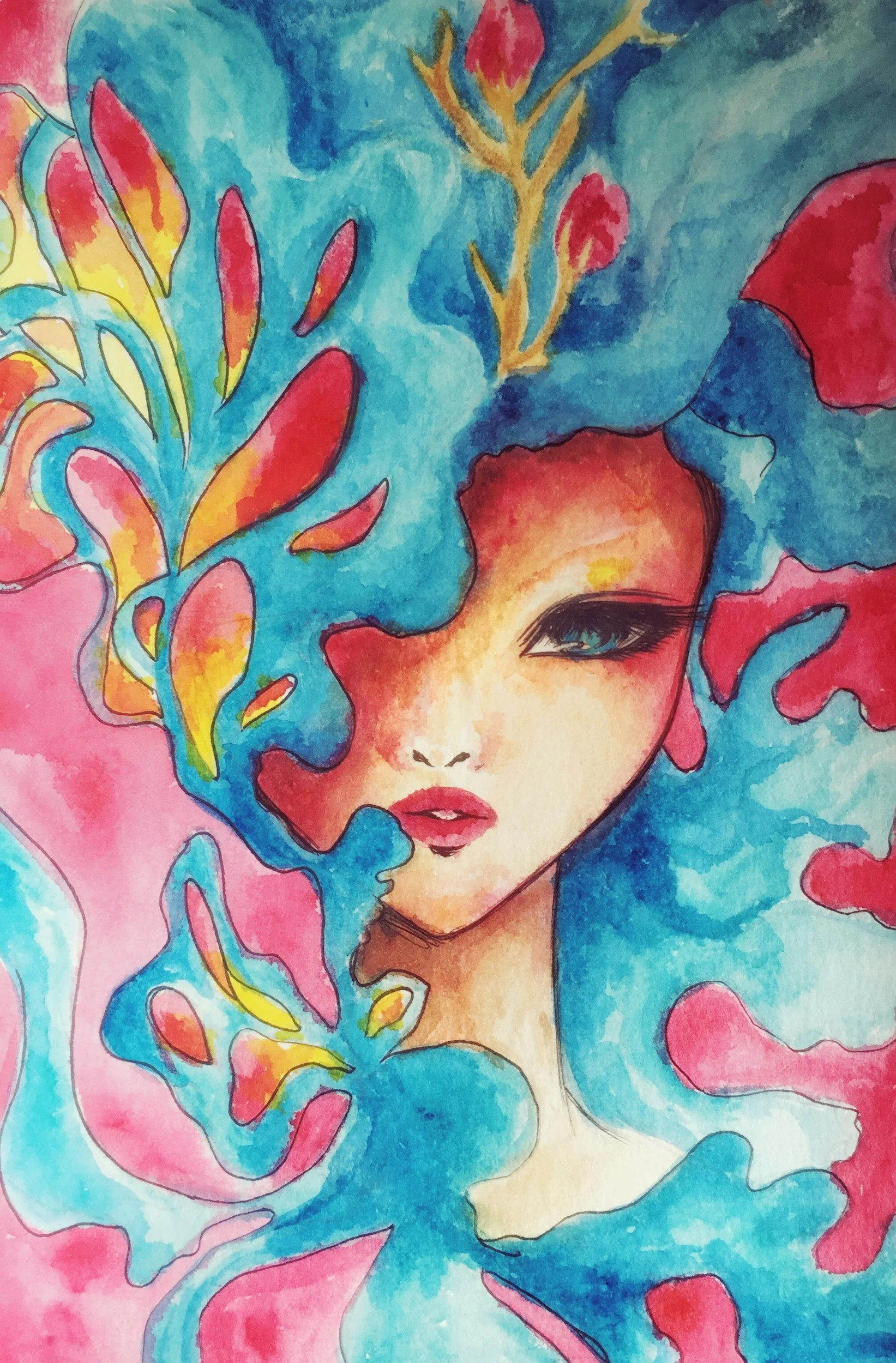 Watercolor painting of a woman's face with colorful, abstract floral and leaf elements surrounding her head and face, blending into her features with a dreamy and artistic style.