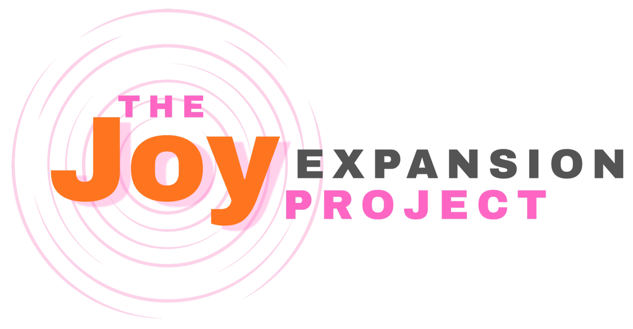 Joy in large orange letters in concentric pink circles like water ripples, with Expansion Project in all caps to the right,. Expansion in black, Project in dark pink