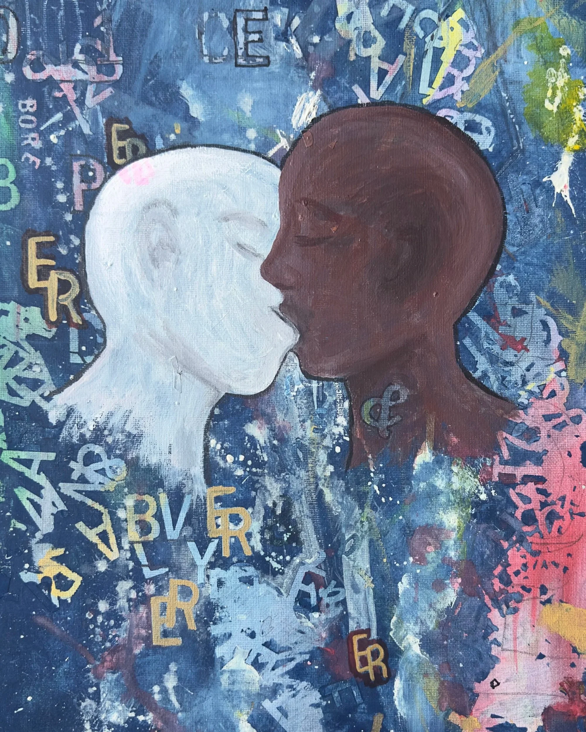 Painting of two kissing faces in profile, one white and one brown, with a colorful background of scattered letters, numbers, and abstract shapes.