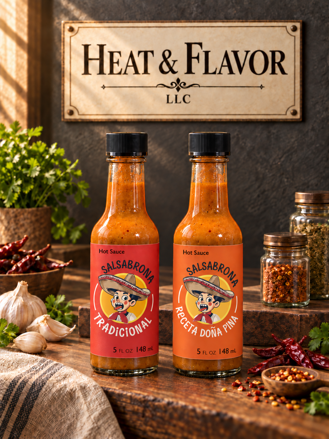 Heat & Flavor brand concept featuring Salsabrona Tradicional with a red label and Receta Doña Pina with an orange label