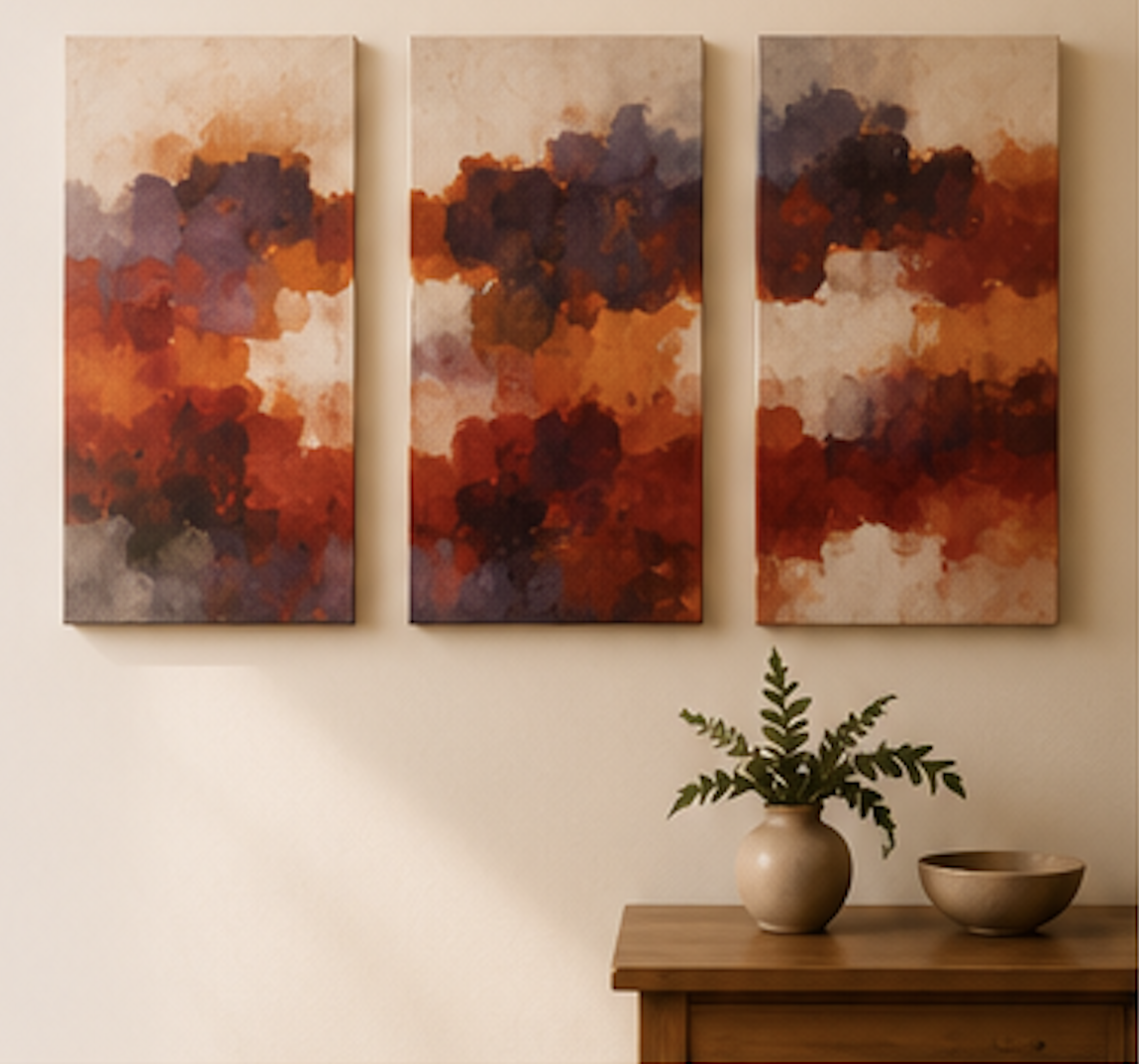 Triptych abstract landscape painting with warm earthy tones hanging above a wooden sideboard with a vase of green fern and a decorative bowl.