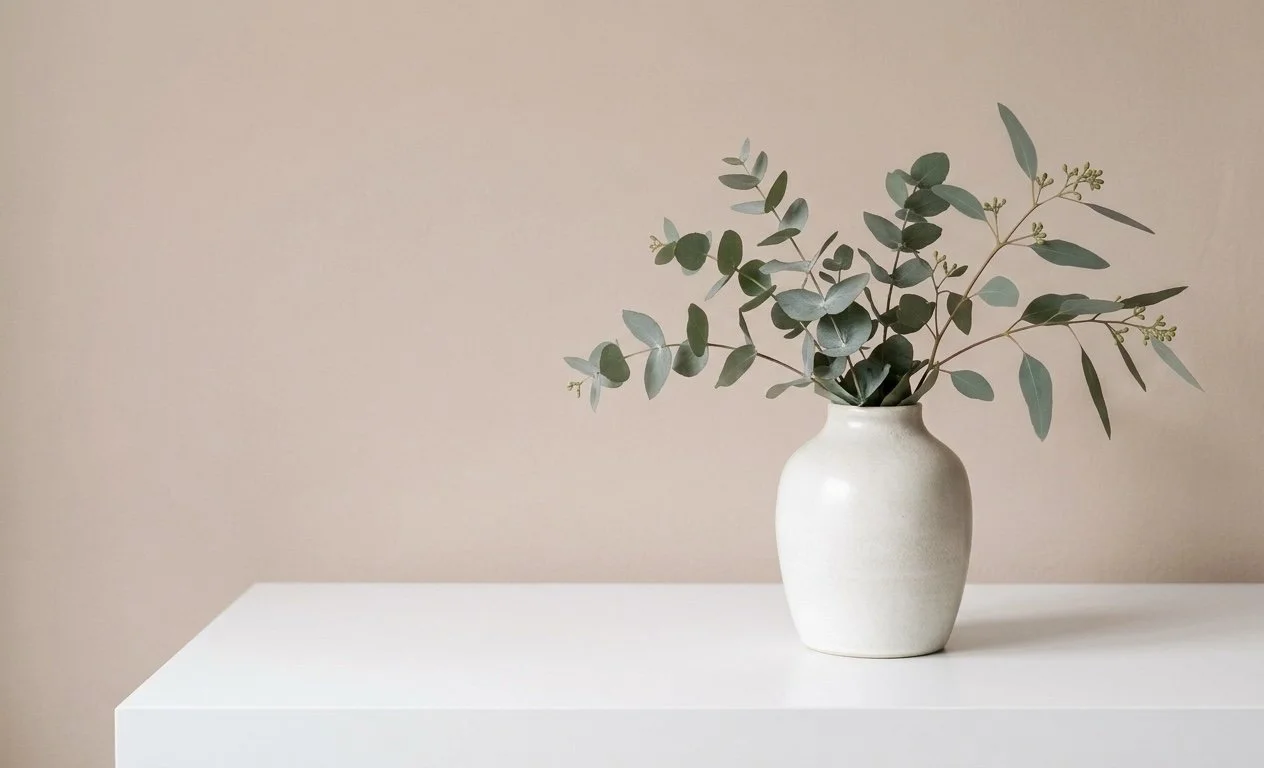 A simple white ceramic vase with green eucalyptus branches sitting on a white surface against a plain beige background.