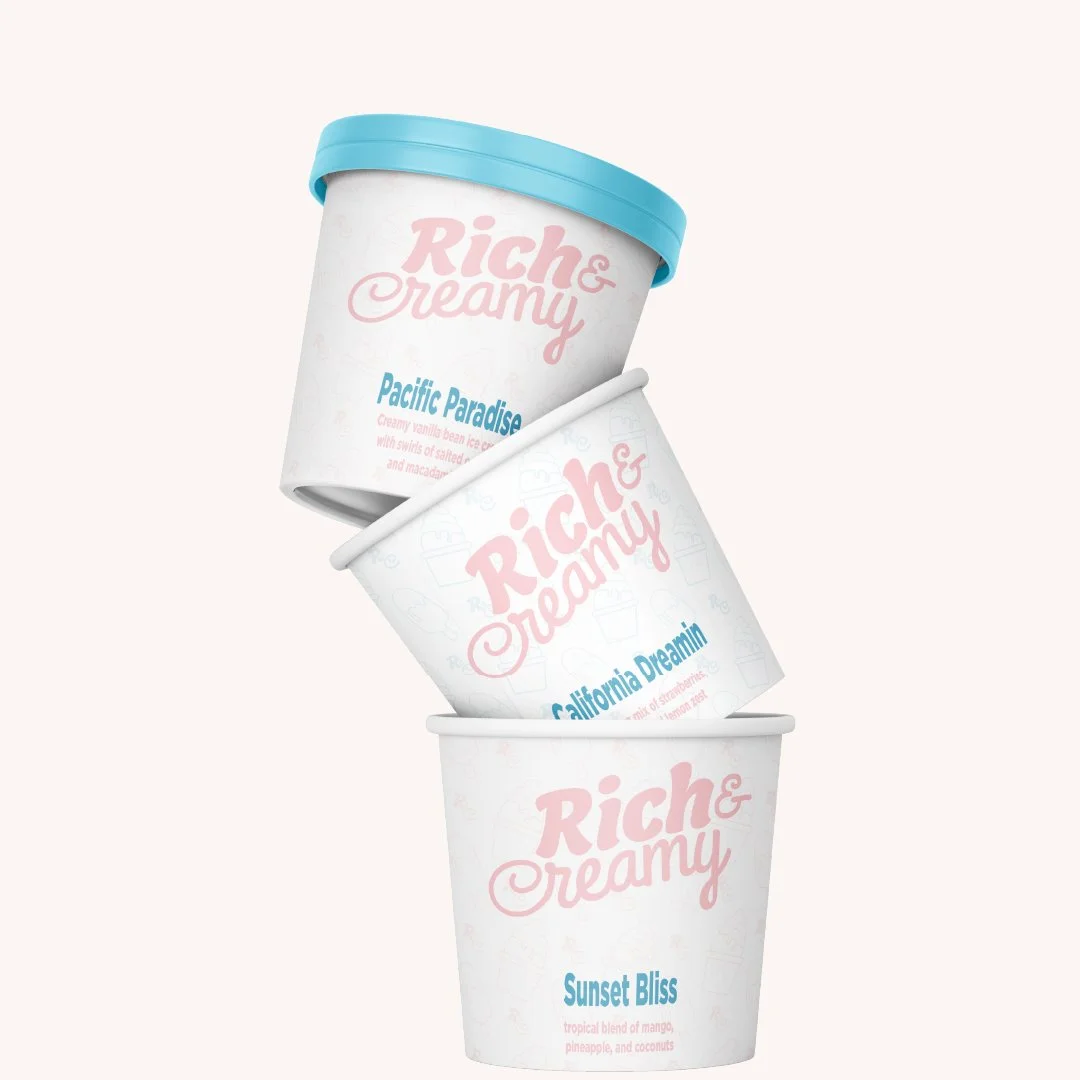 Three cups of ice cream stacked on top of each other, labeled as Rich & Creamy, with flavors Pacific Paradise, California Dreamin, and Sunset Bliss.