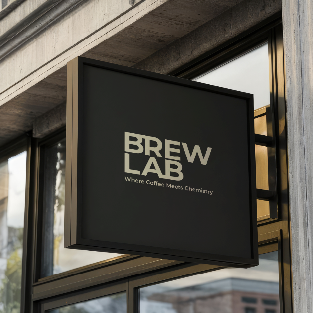 Brew Lab café signage showing the brand identity in a real-world setting