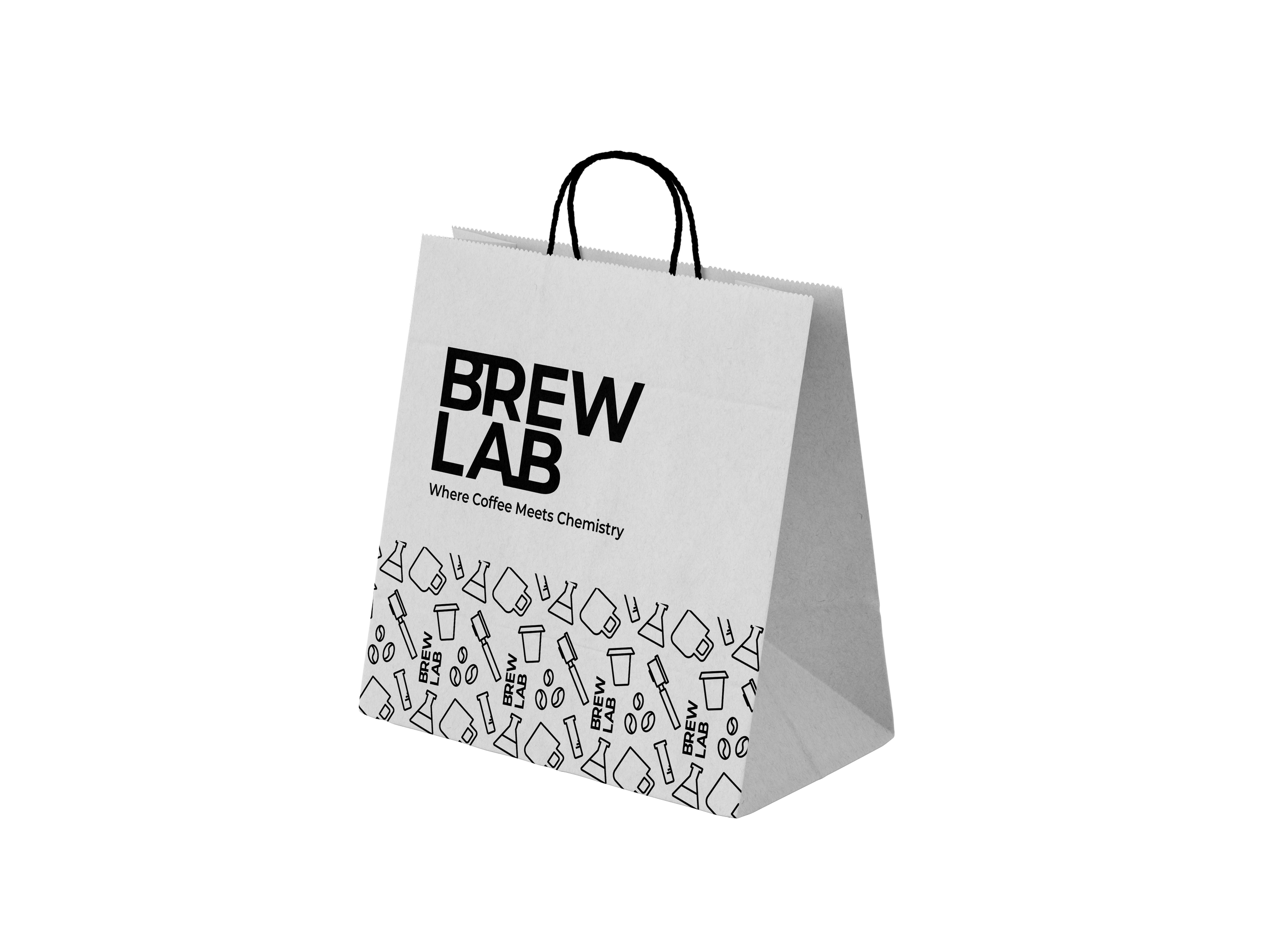 Brew Lab branded paper bag with custom icons and pattern design