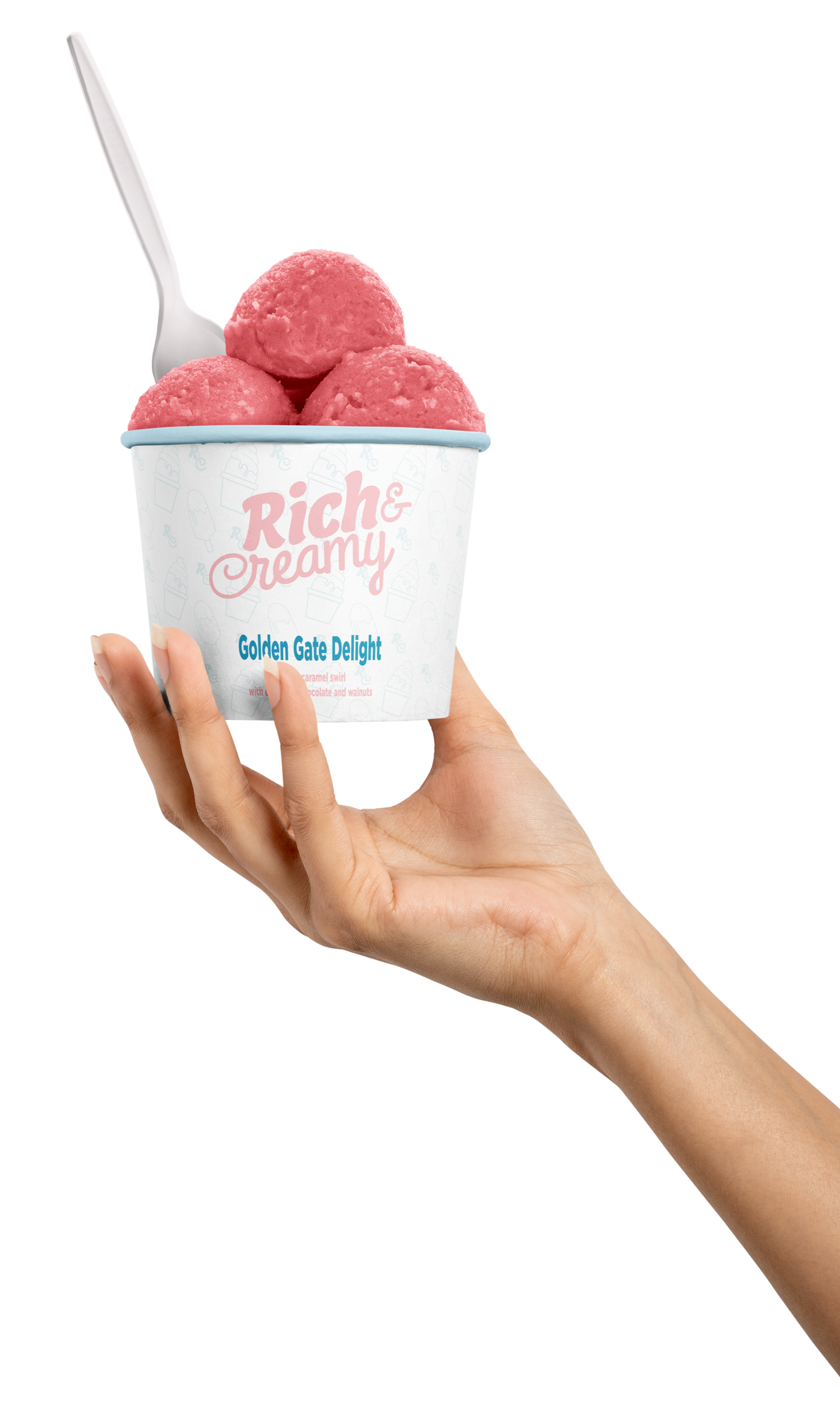 Hand holding a cup of pink ice cream scoops with a white spoon, labeled 'Rich & Creamy Golden Gate Delight'