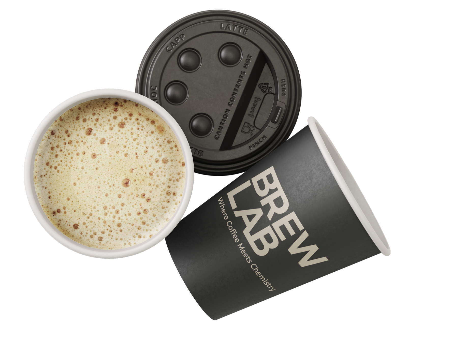 A black disposable coffee cup with 'Brew Lab' printed on it, a black coffee lid with a drinking hole, and a cup filled with frothy coffee.