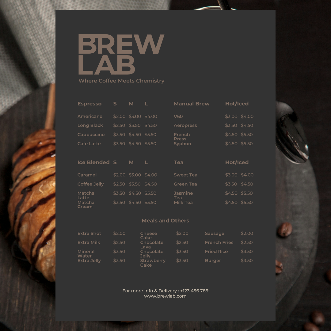 Brew Lab café menu design using the brand identity system