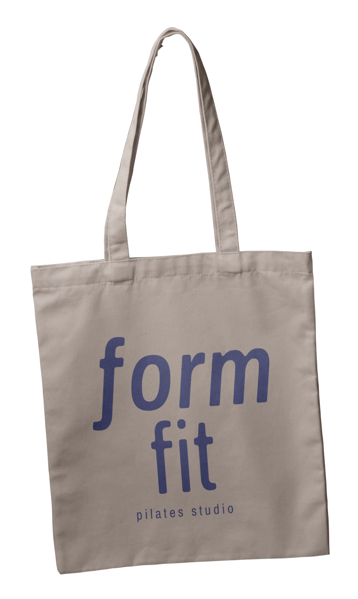 Beige tote bag with blue text that says "form fit" and smaller text beneath that says "pilates studio."