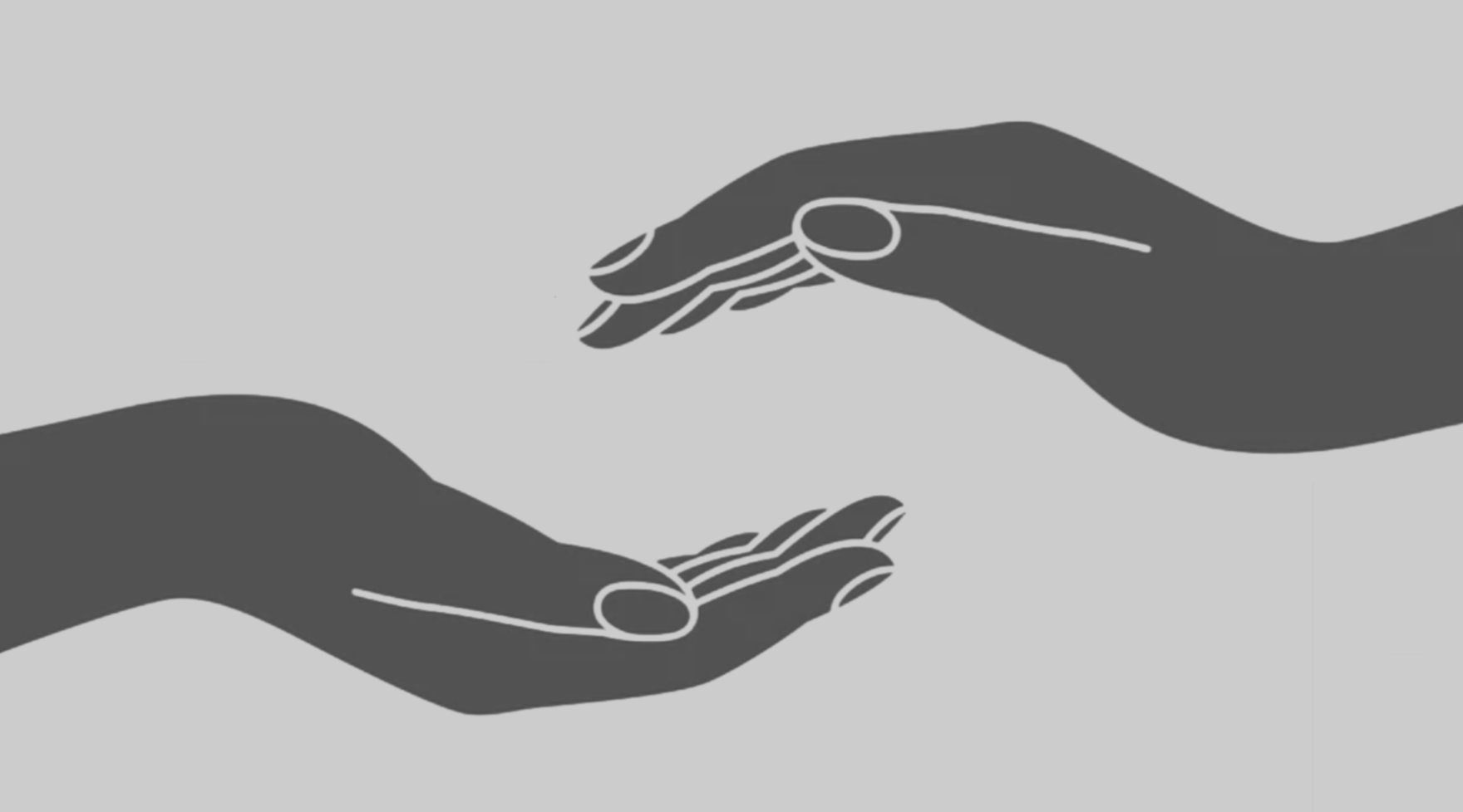 Two stylized hands reaching towards each other, one from above and one from below, with space in between.