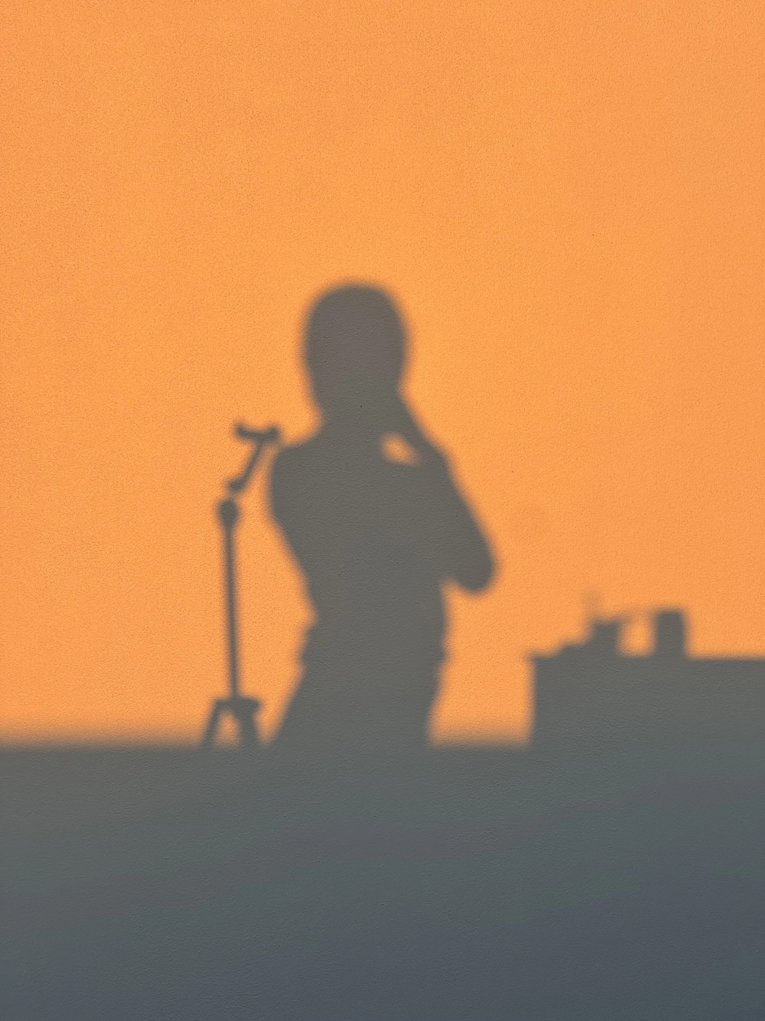 Silhouette of a person standing with arms crossed, next to a microphone stand, cast as a shadow against an orange wall.