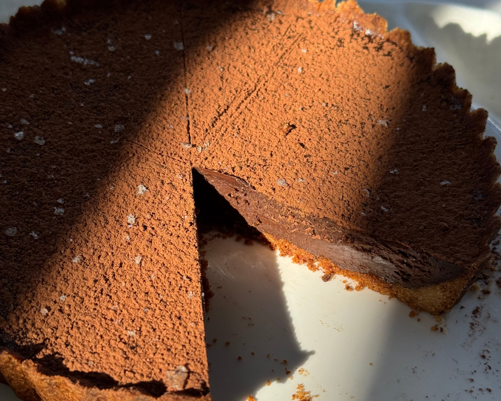 Close up of dark chocolate tart