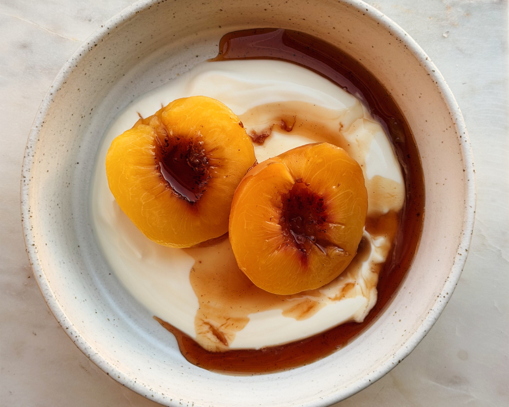  Honey poached peaches with Greek yoghurt and reduced honey syrup  