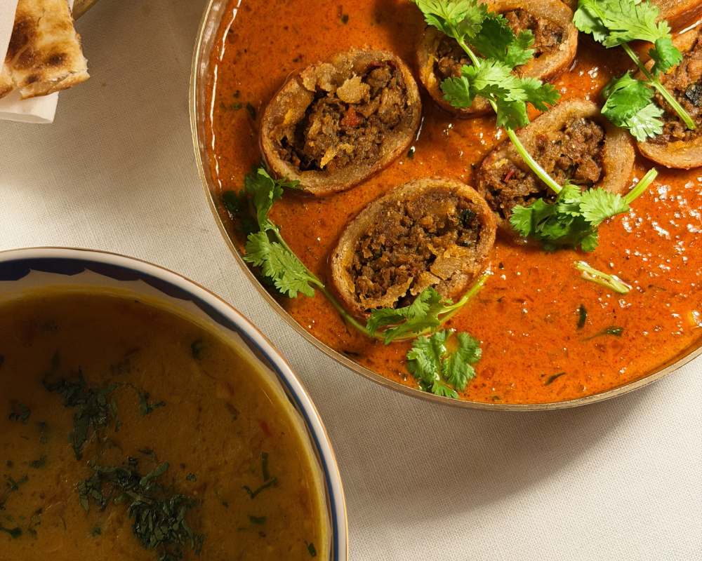  Soy Kheema Bati in a red Mathania chilli gravy with Toor Dal Tarka at The Johri Restaurant, Jaipur. 