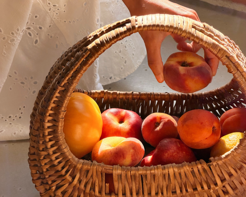  Basket of freshly picked apricots and stone fruit at Maison Santcha 