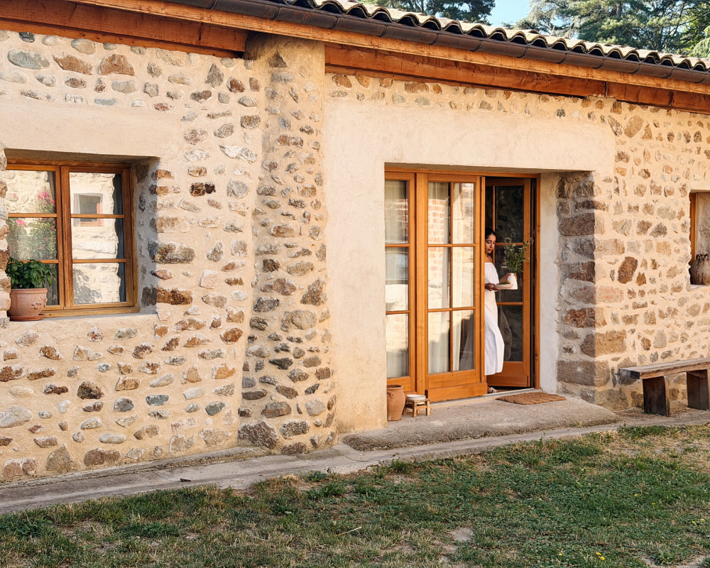  Stone exterior of Maison Santcha with Karina stepping out the door 