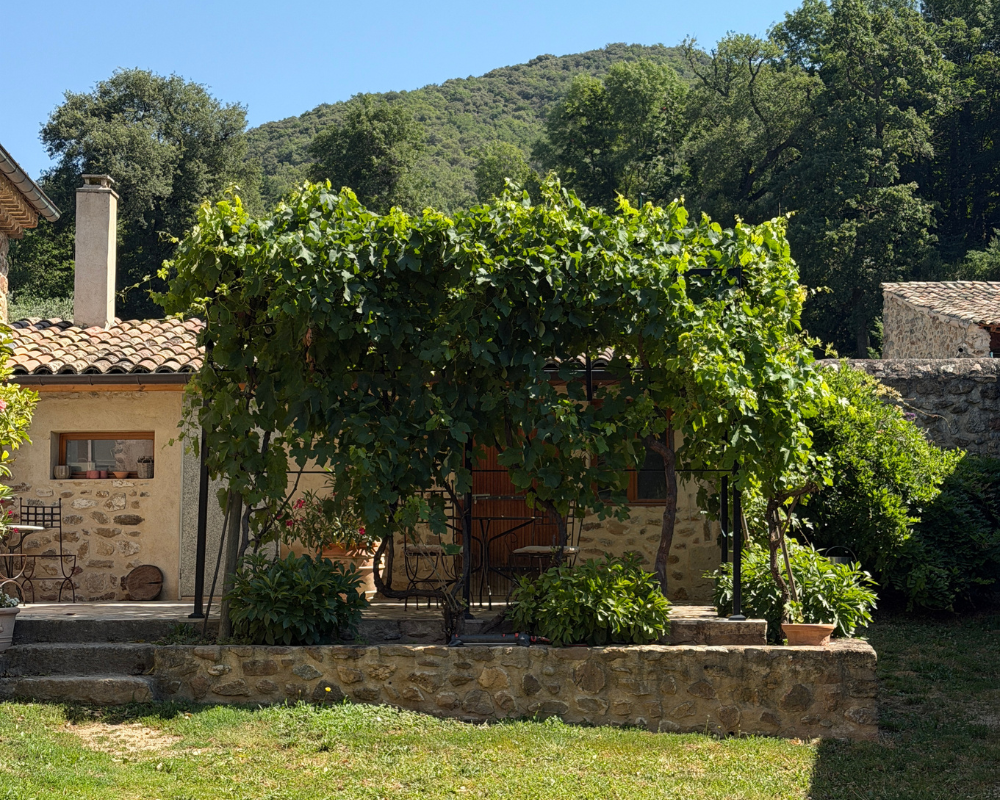  Grapevine-covered terrace overlooking hills at Maison Santcha 