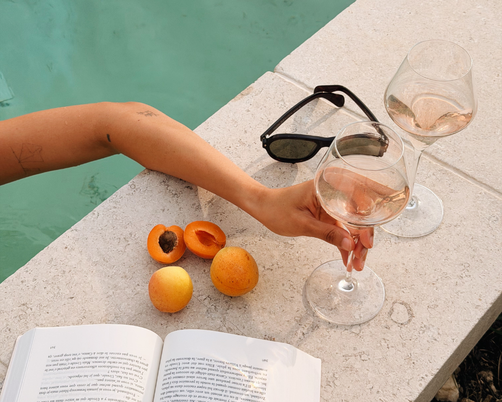  Poolside moment with rosé, apricots and a book at Maison Santcha 