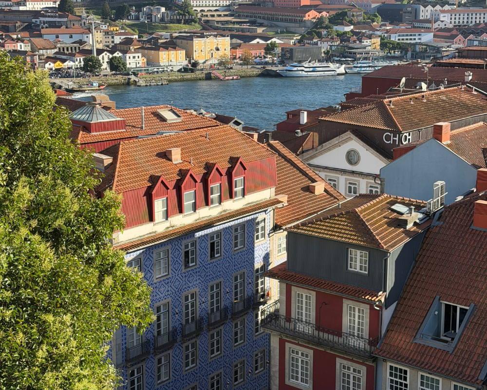  View over Porto’s red tiled roofs and a blue tiled building towards the Douro River 