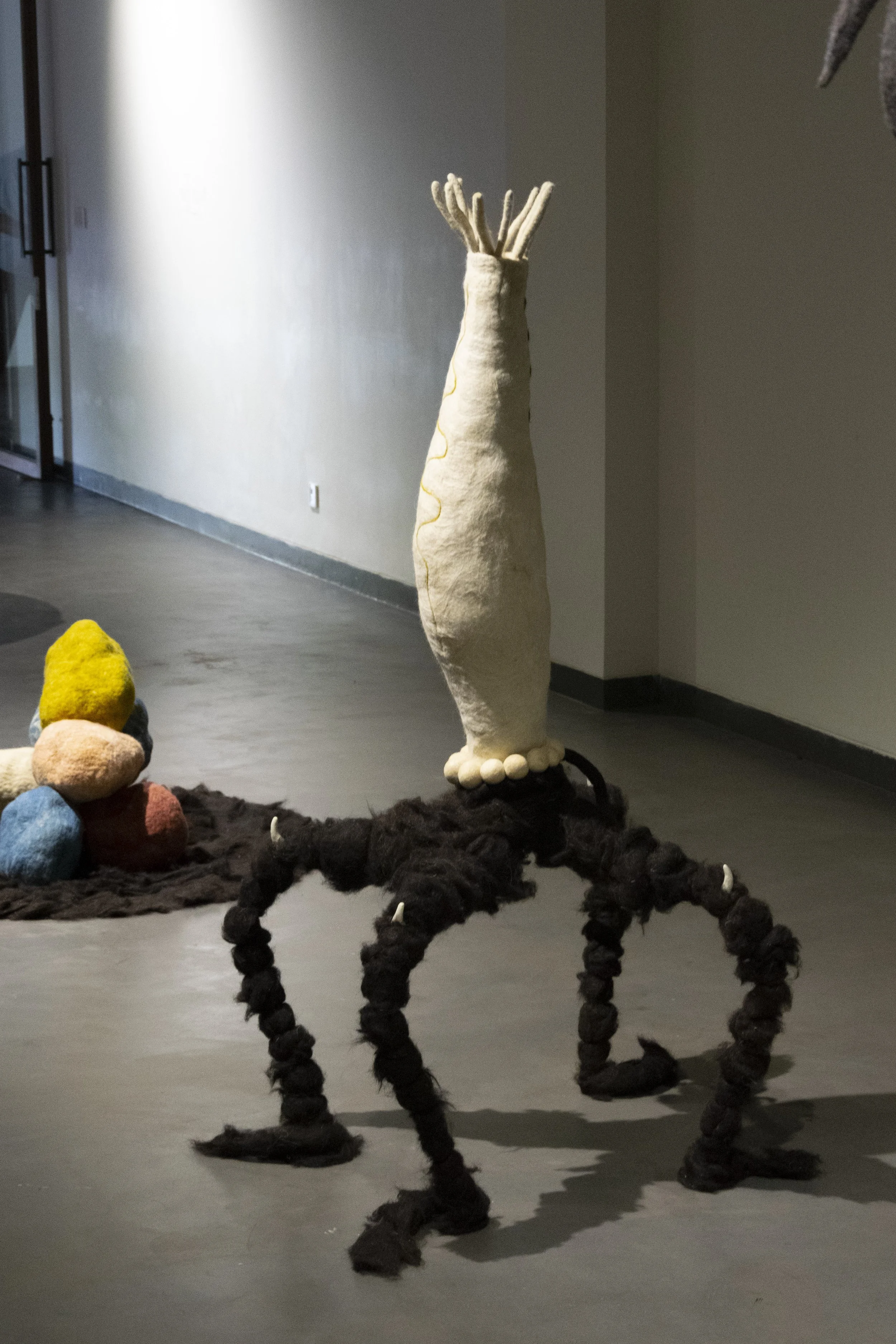 Unya sculpture made in native deccani black wool fibres hand felted. These being are future acestors from 'Shunyaverse' - a emerging mythical place. Photo credit - Sacha Parent