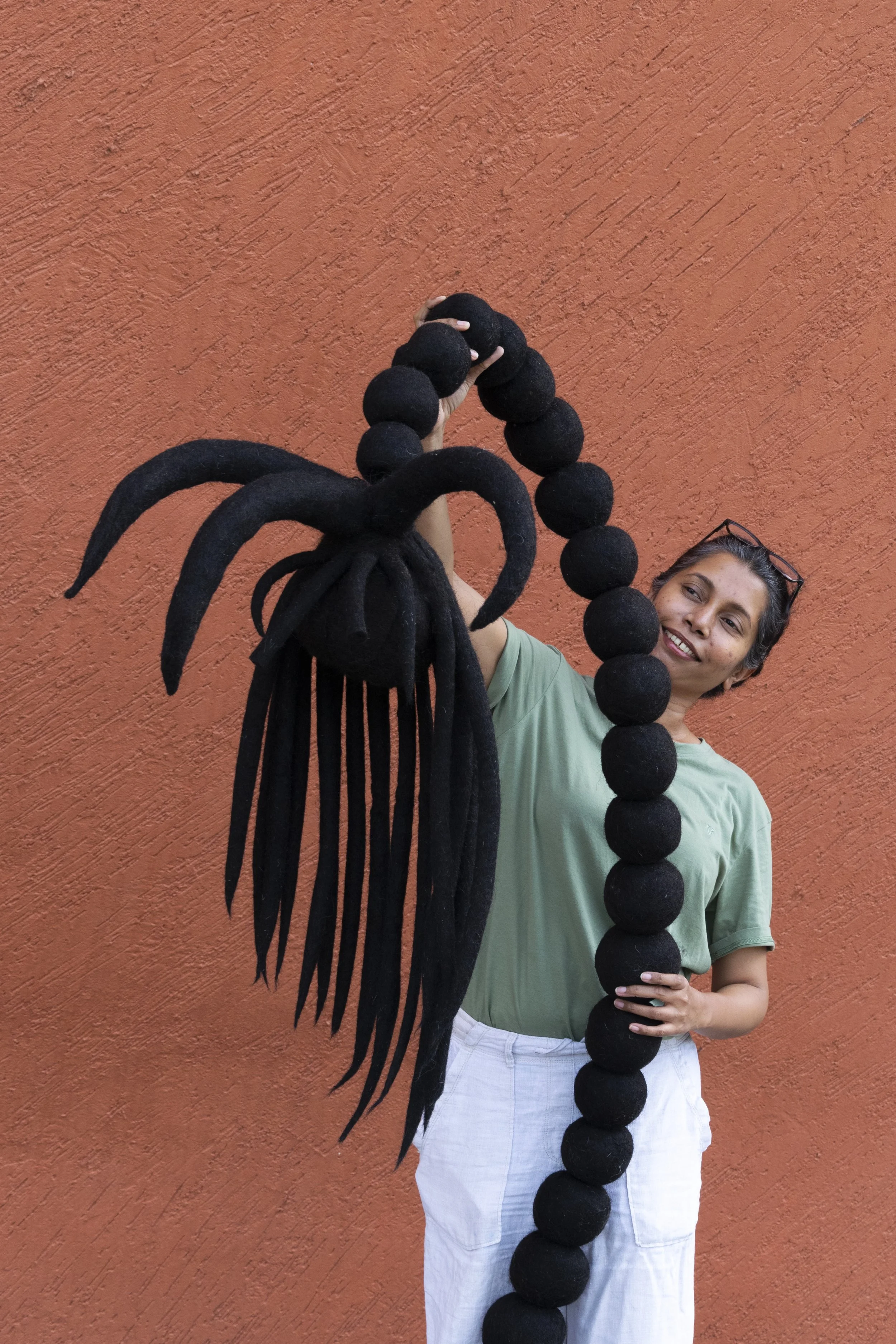 Unya sculpture made in native deccani black wool fibres hand felted. These being are future acestors from 'Shunyaverse' - a emerging mythical place. Photo credit - Sacha Parent