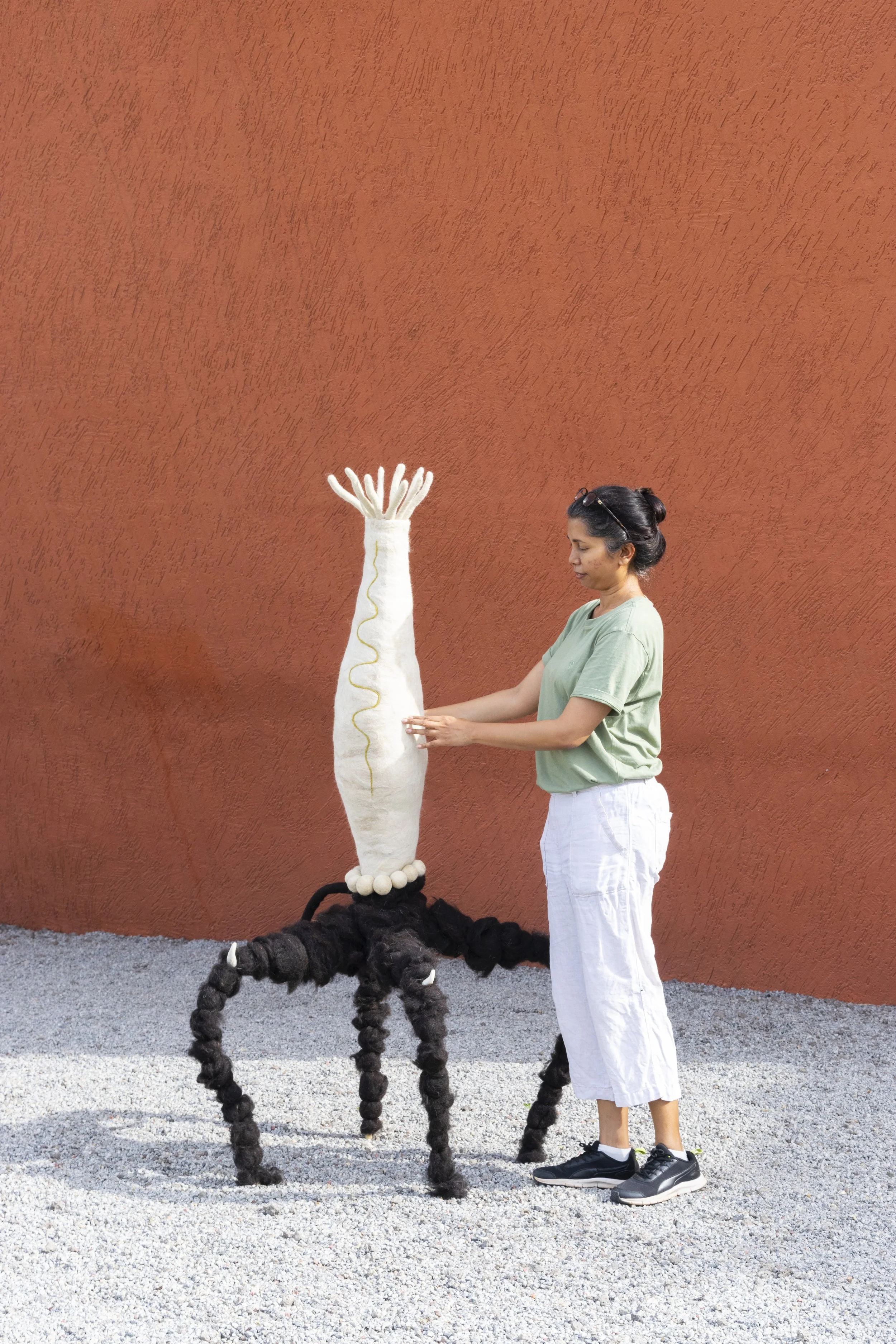 Unya sculpture made in native deccani black wool fibres hand felted. These being are future acestors from 'Shunyaverse' - a emerging mythical place. Photo credit - Sacha Parent