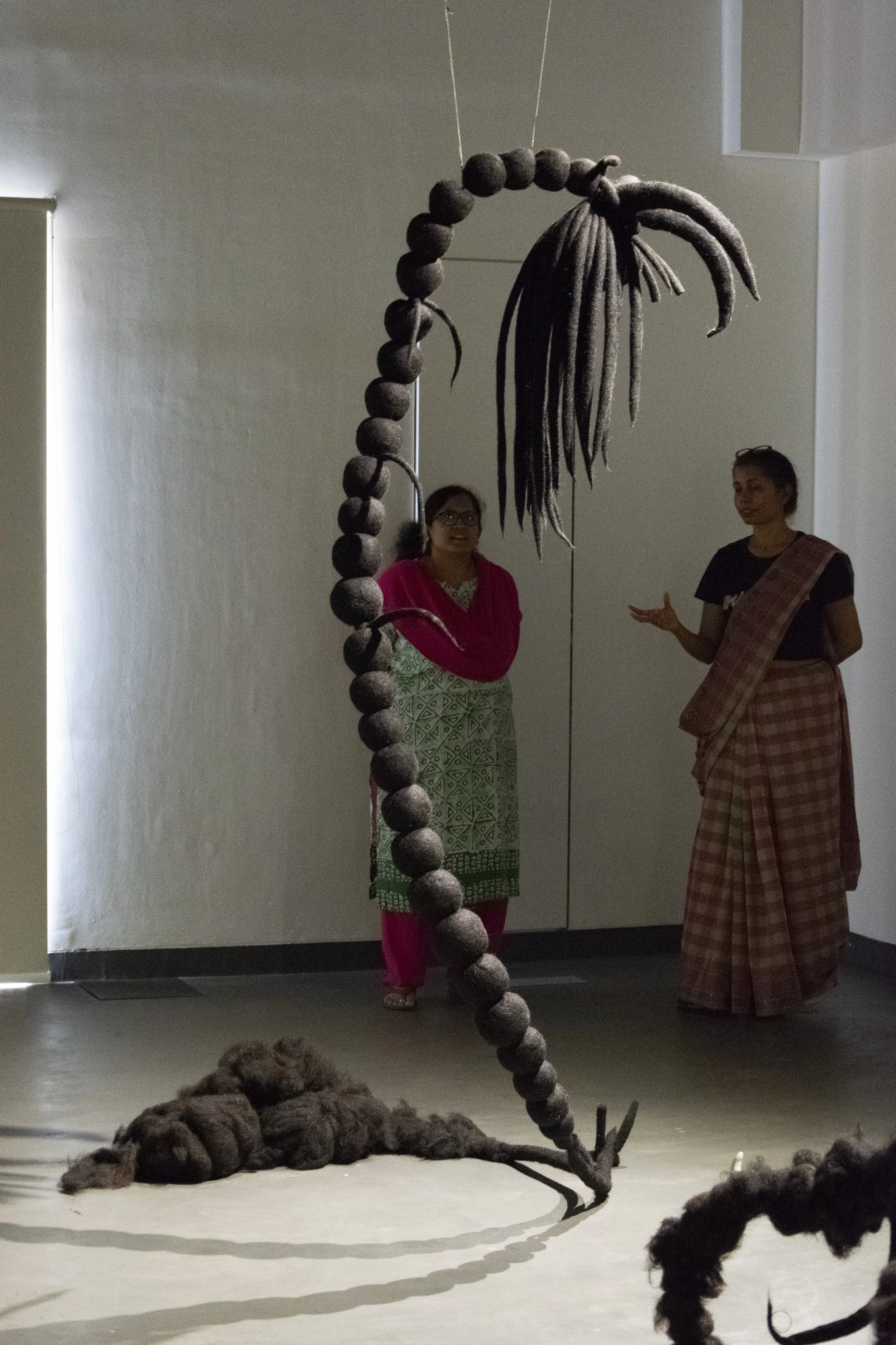 Unya sculpture made in native deccani black wool fibres hand felted. These being are future acestors from 'Shunyaverse' - a emerging mythical place. Photo credit - Sacha Parent