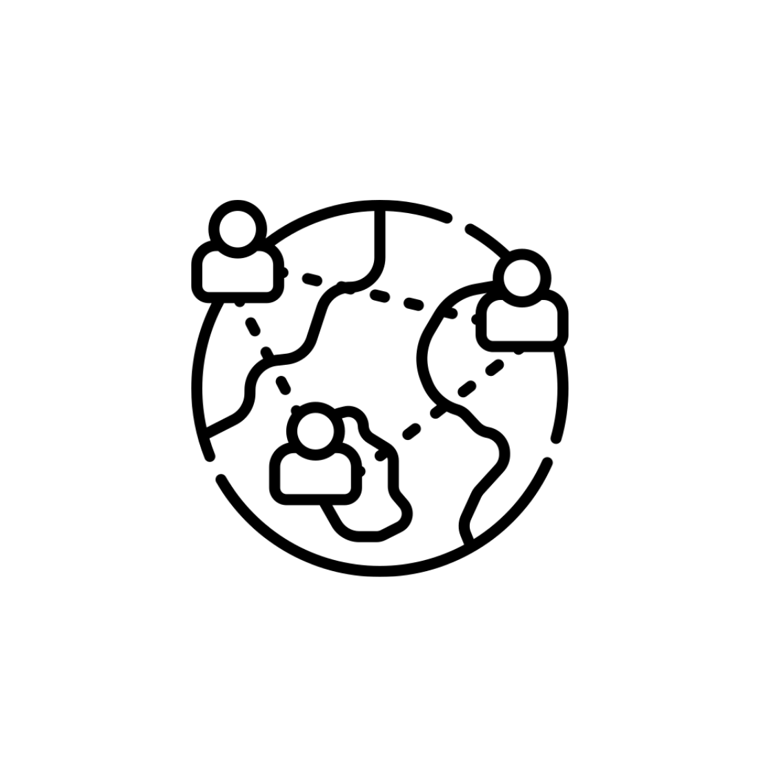 Line drawing of a globe with three person icons connected around it, representing global communication or networking.