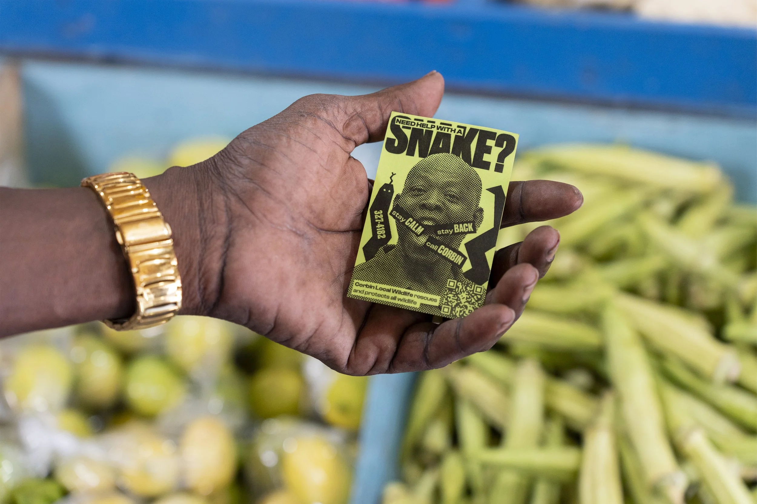A person holding a yellow-green flyer about snake rescue, with a massive banana display in the background.