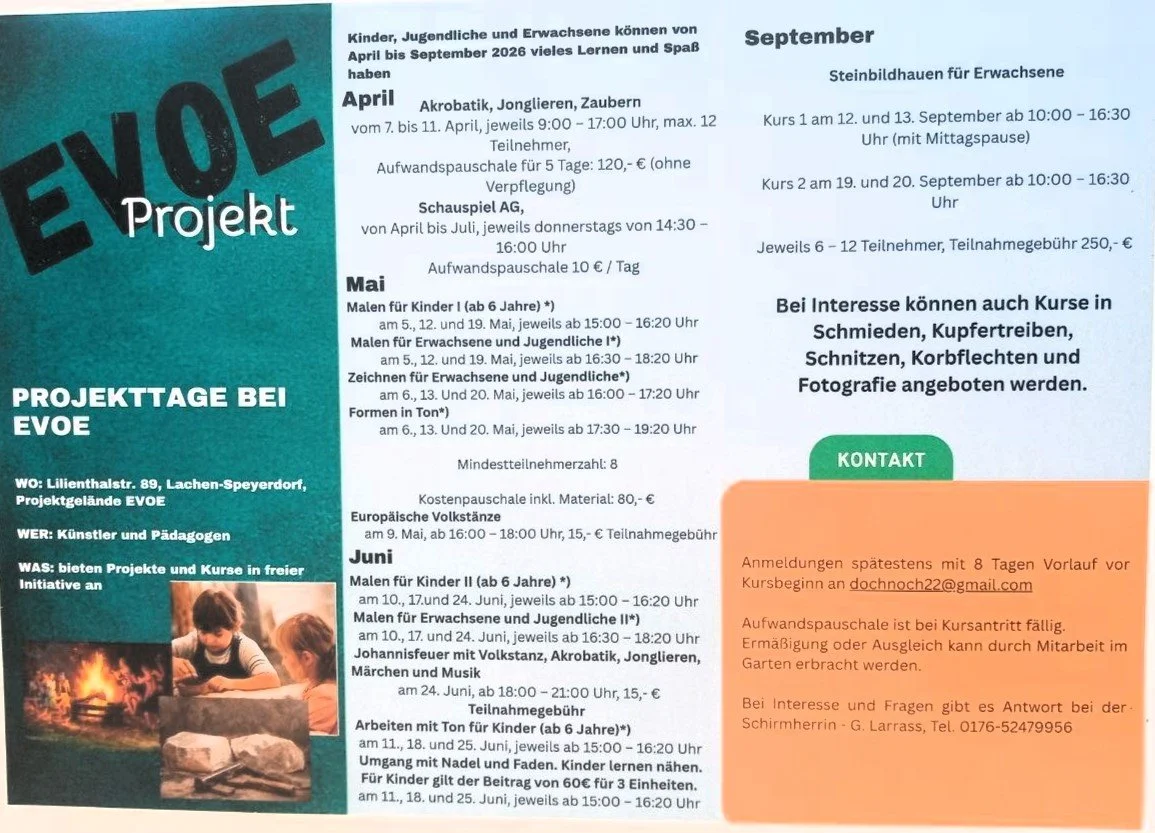 Informationsblatt für Projektwochen bei EVOE mit Kursangeboten im April, Mai und Juni für Kinder, Jugendliche und Erwachsene, inklusive Kursorte, Termine, Preise und Kontaktinformationen.
